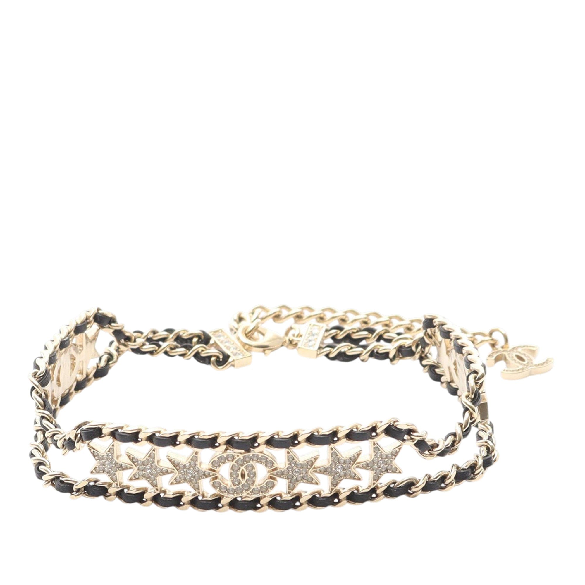 Chanel Gold Plated Leather Woven CC Rhinestone Star Choker Necklace