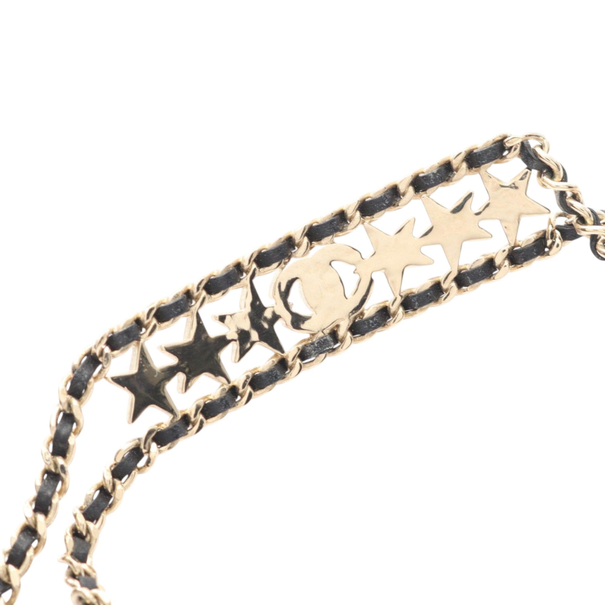 Chanel Gold Plated Leather Woven CC Rhinestone Star Choker Necklace