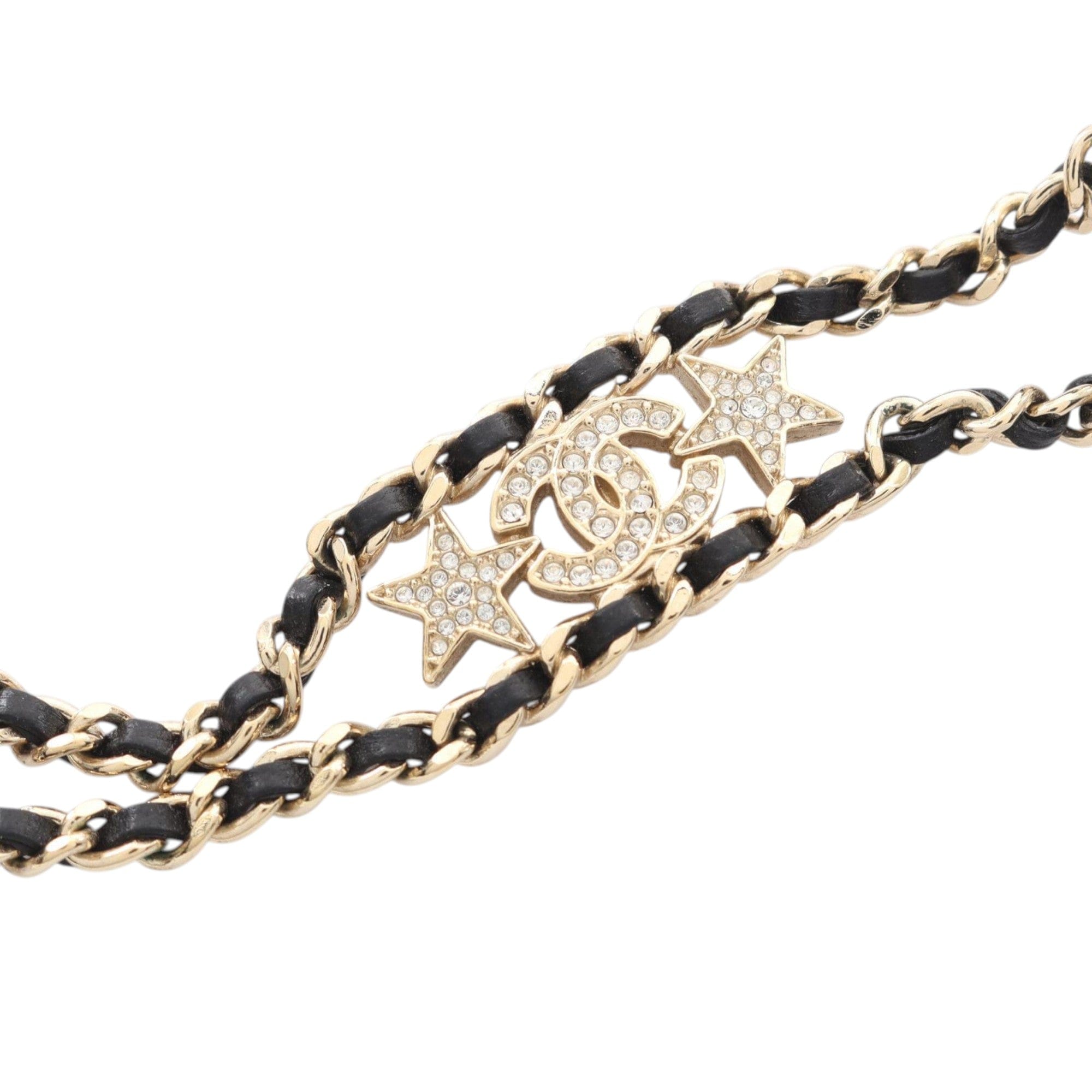 Chanel Gold Plated Leather Woven CC Rhinestone Star Choker Necklace