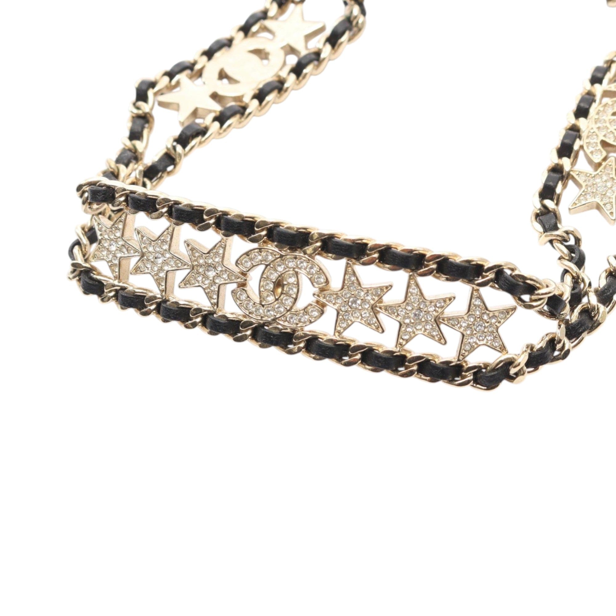 Chanel Gold Plated Leather Woven CC Rhinestone Star Choker Necklace