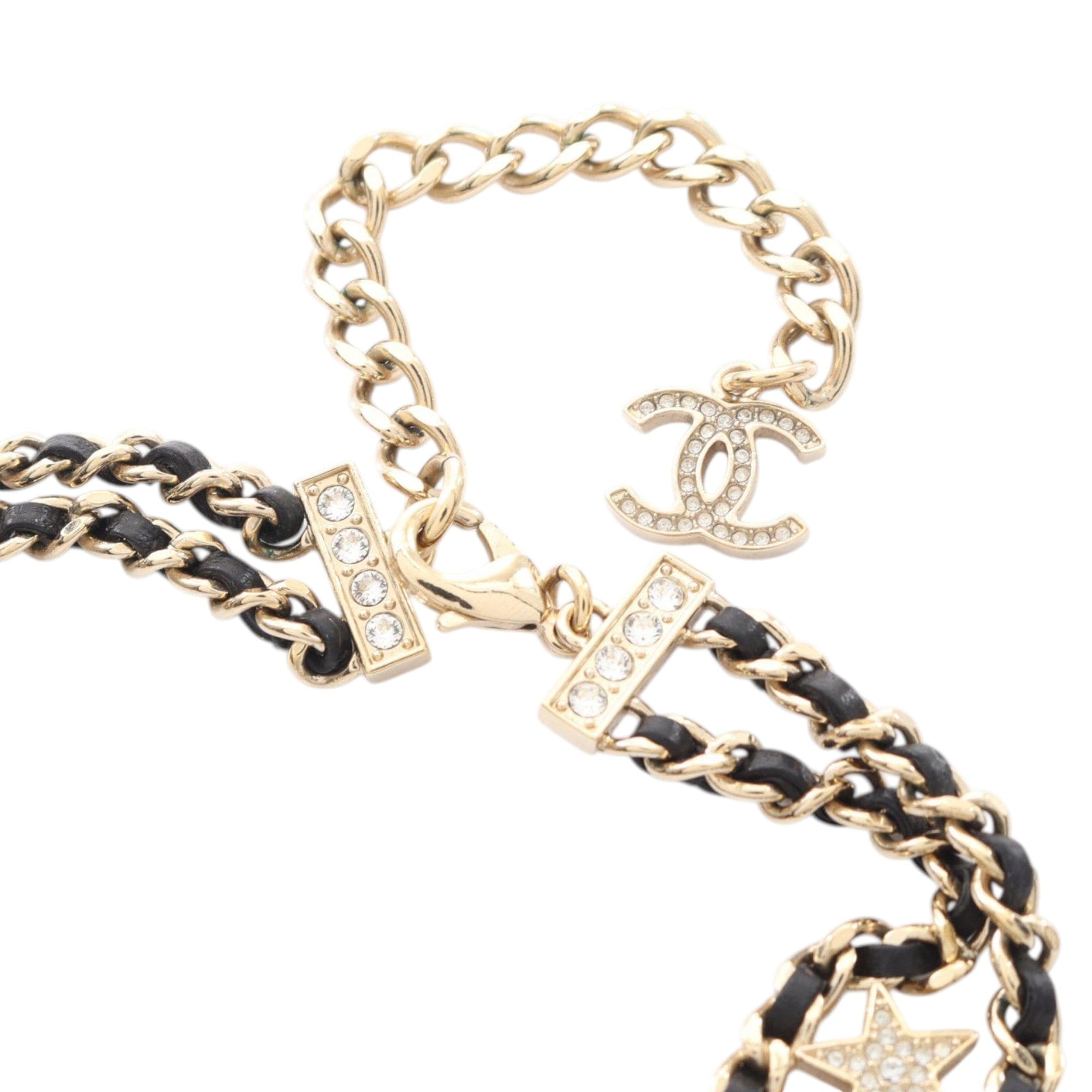Chanel Gold Plated Leather Woven CC Rhinestone Star Choker Necklace