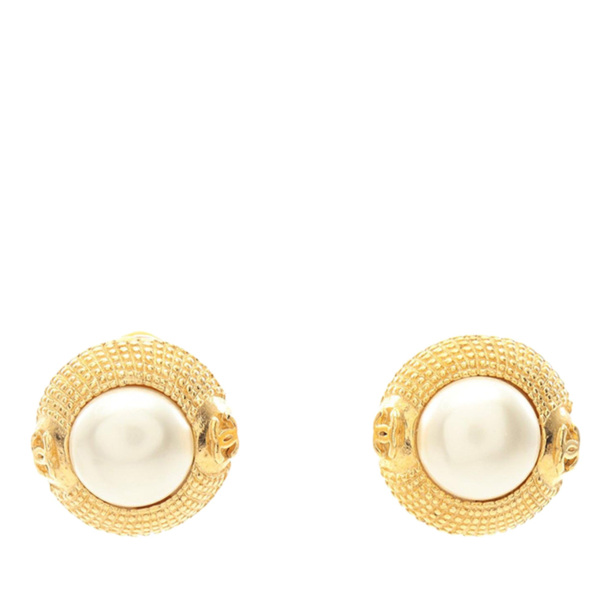 Chanel CC Gold Plated Faux Pearl Clip On Earrings