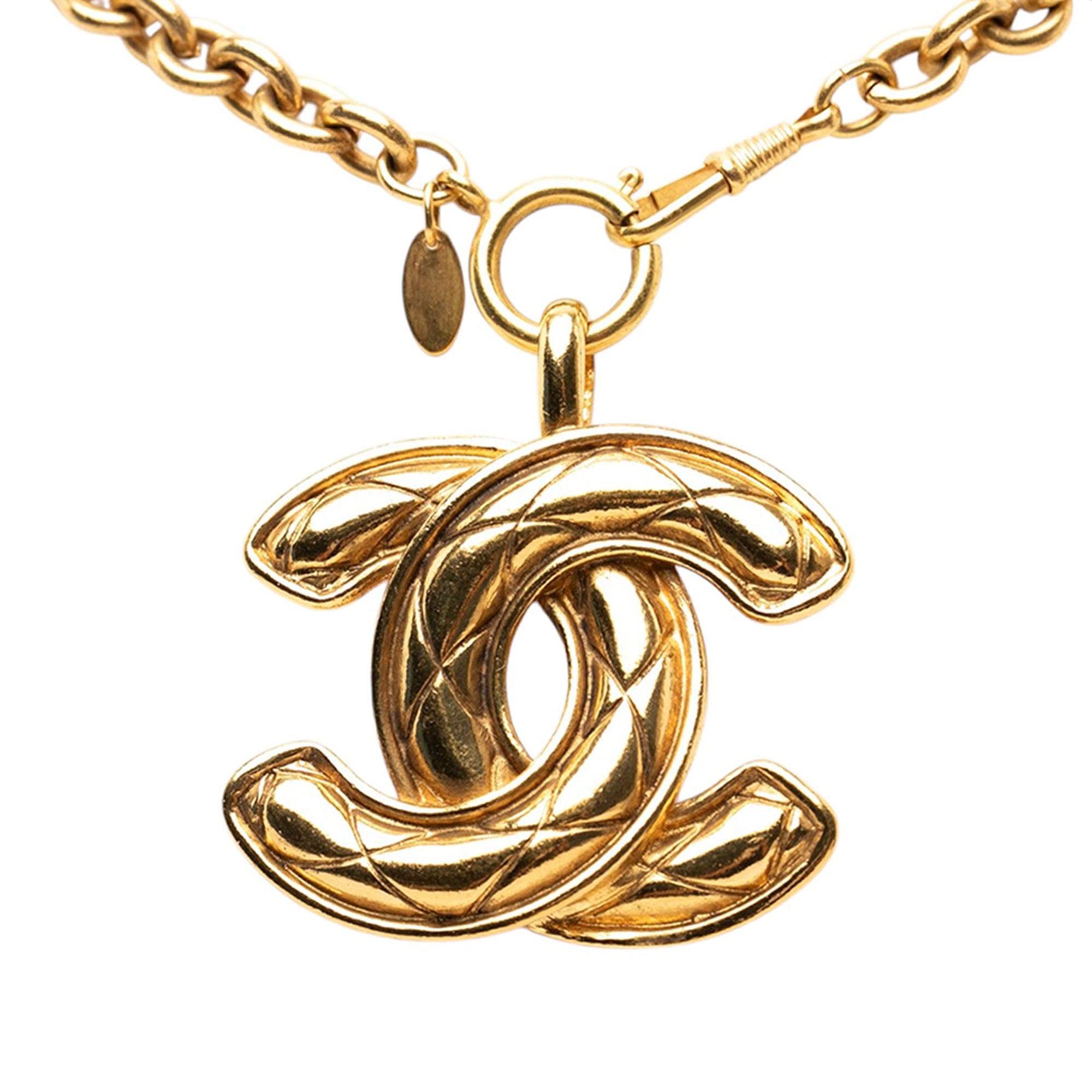 Chanel CC Gold Plated Quilted Pendant Necklace