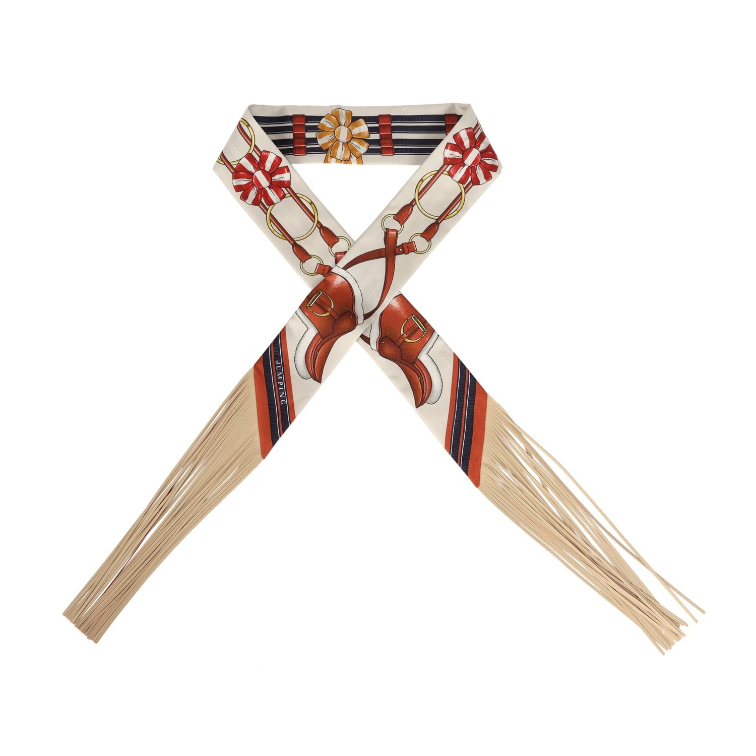Hermes Jumping Leather Crème, Alezan and Anthracite Fringe Silk Twilly