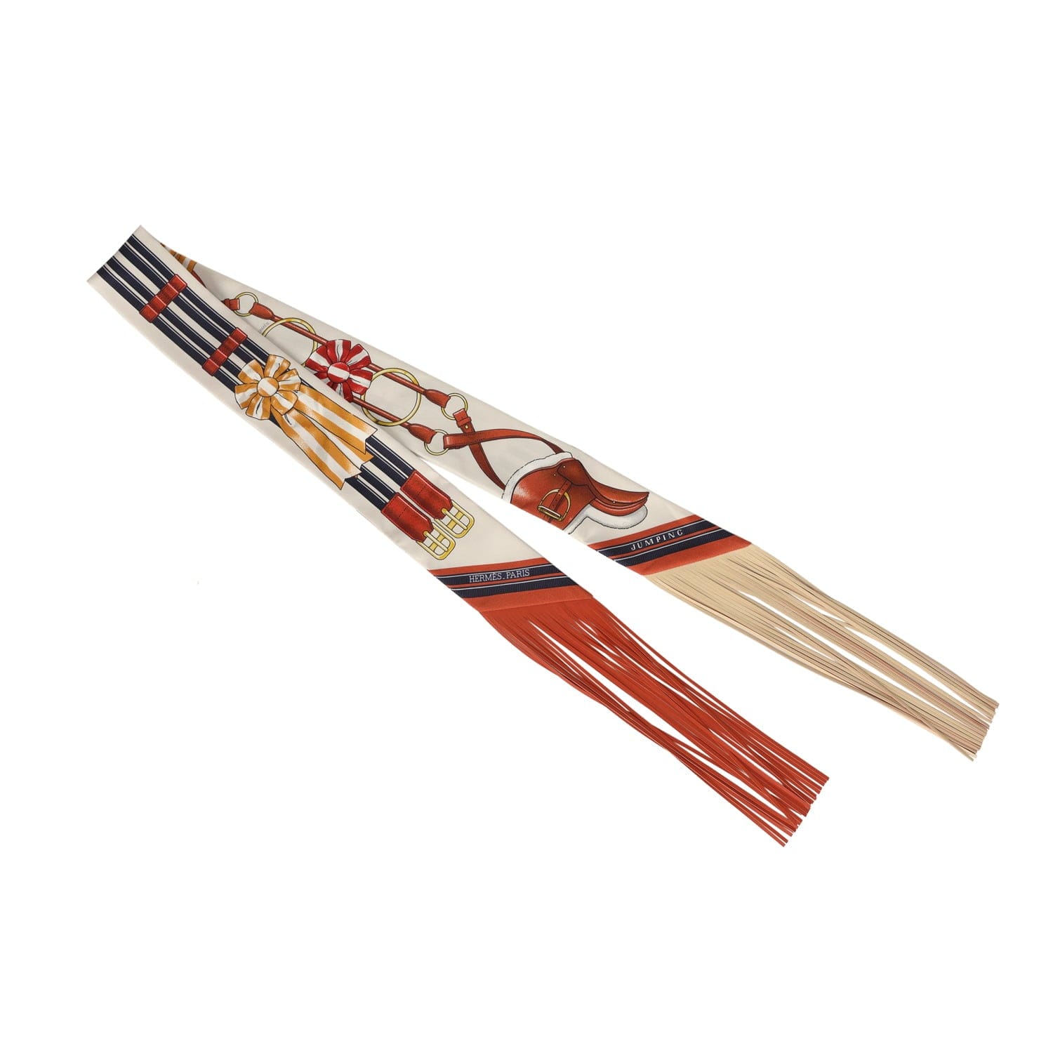 Hermes Jumping Leather Crème, Alezan and Anthracite Fringe Silk Twilly