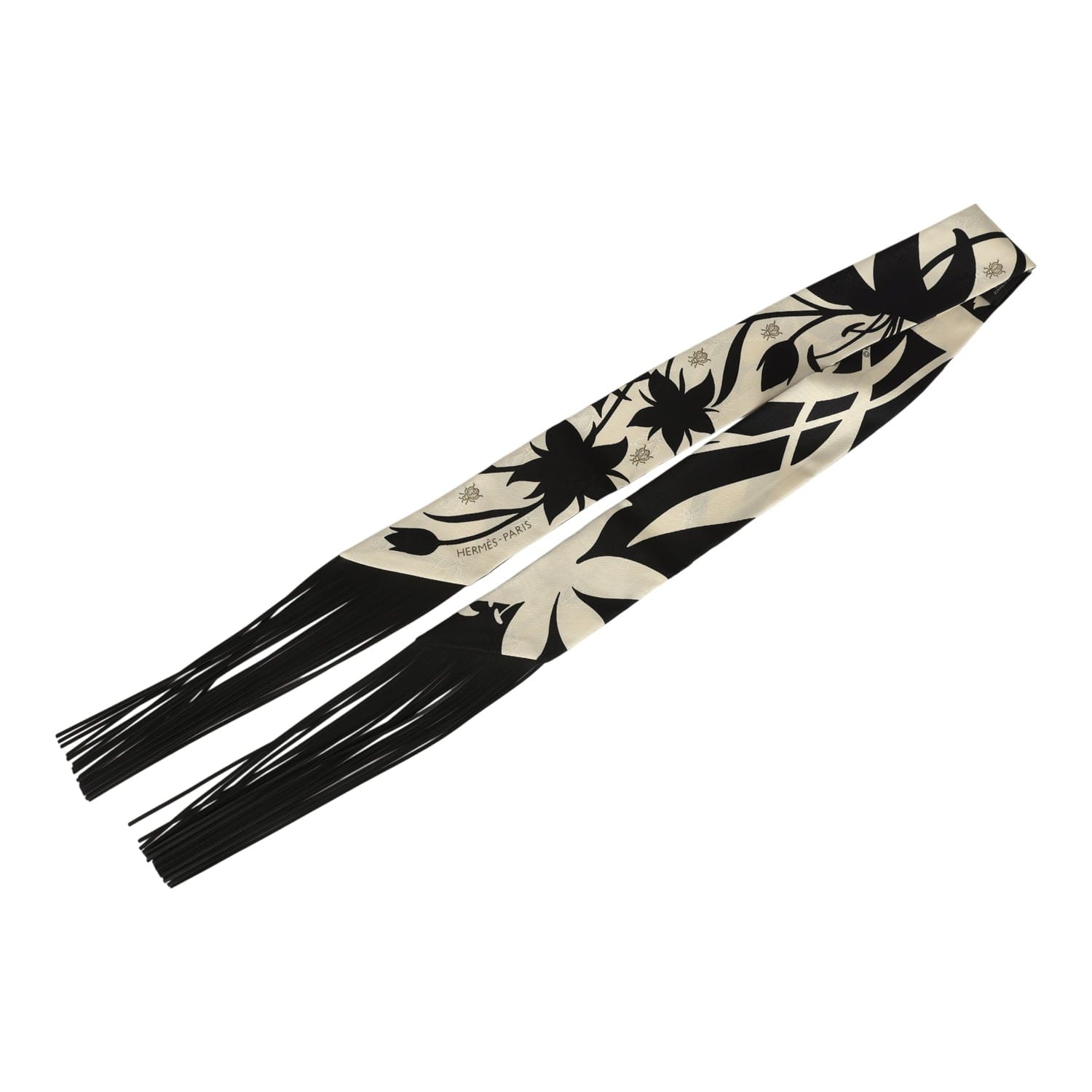 Hermes Bouquet Final Cream and Black Fringe Silk Twilly