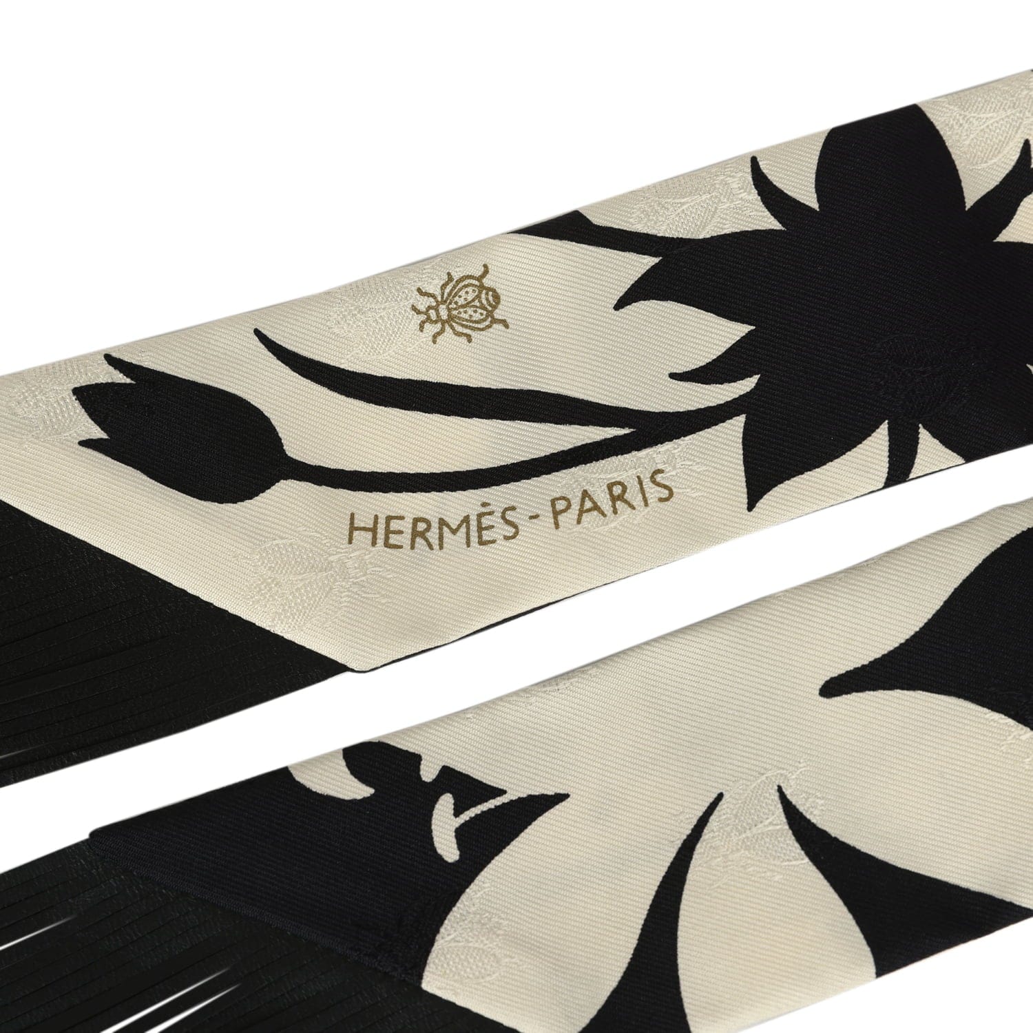 Hermes Bouquet Final Cream and Black Fringe Silk Twilly