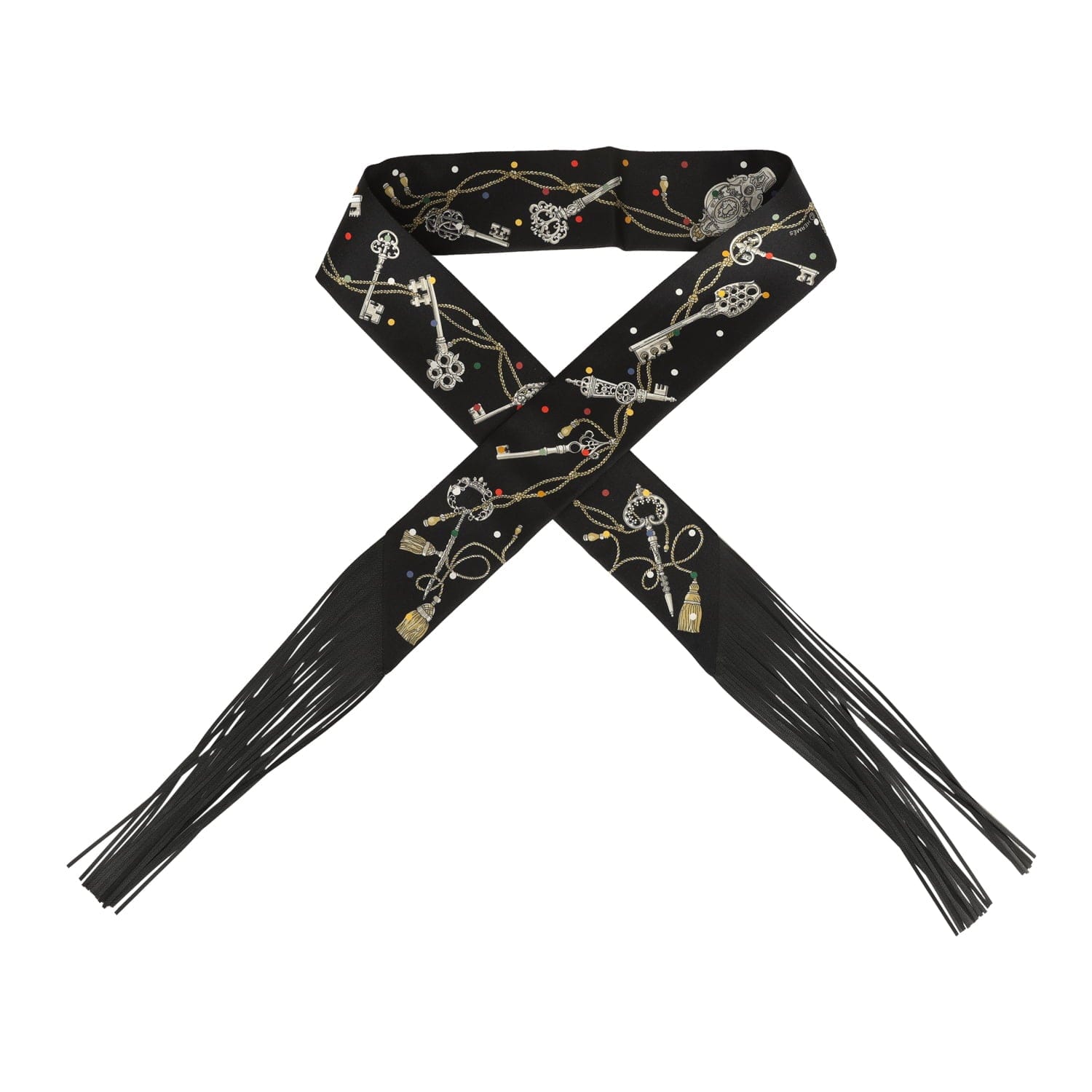 Hermes Les Cles a Pois Black, Multicolore, White Fringe Silk Twilly