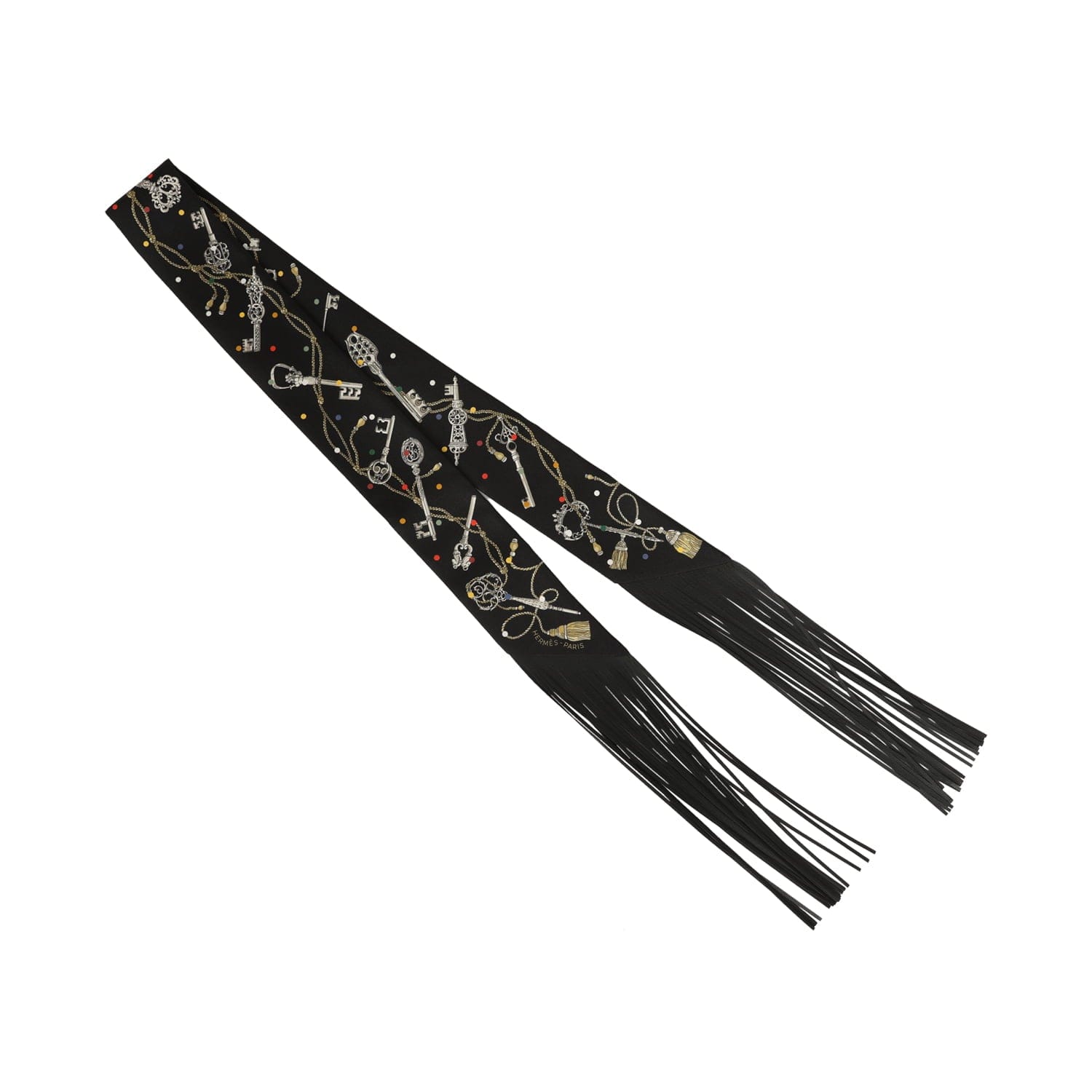 Hermes Les Cles a Pois Black, Multicolore, White Fringe Silk Twilly