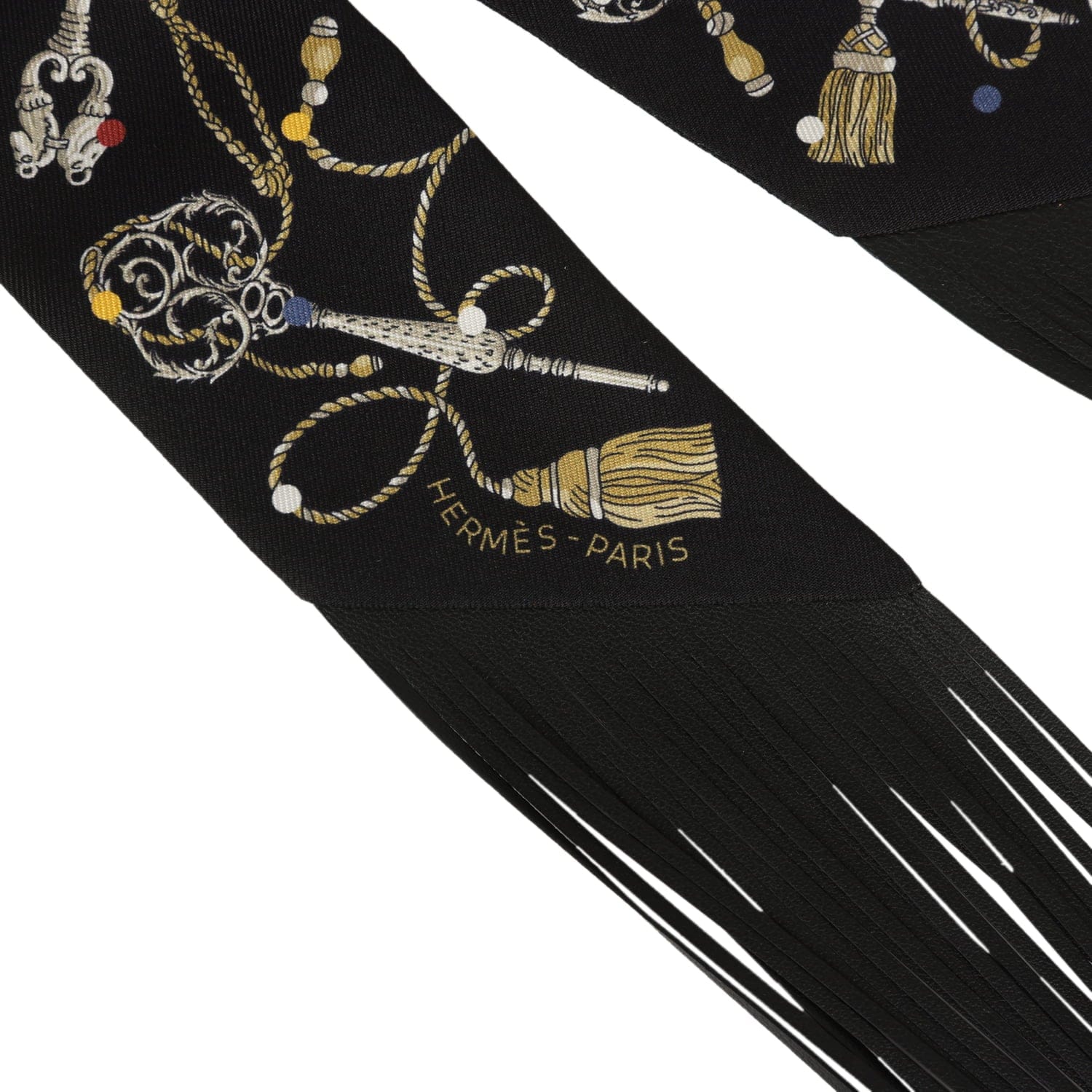 Hermes Les Cles a Pois Black, Multicolore, White Fringe Silk Twilly