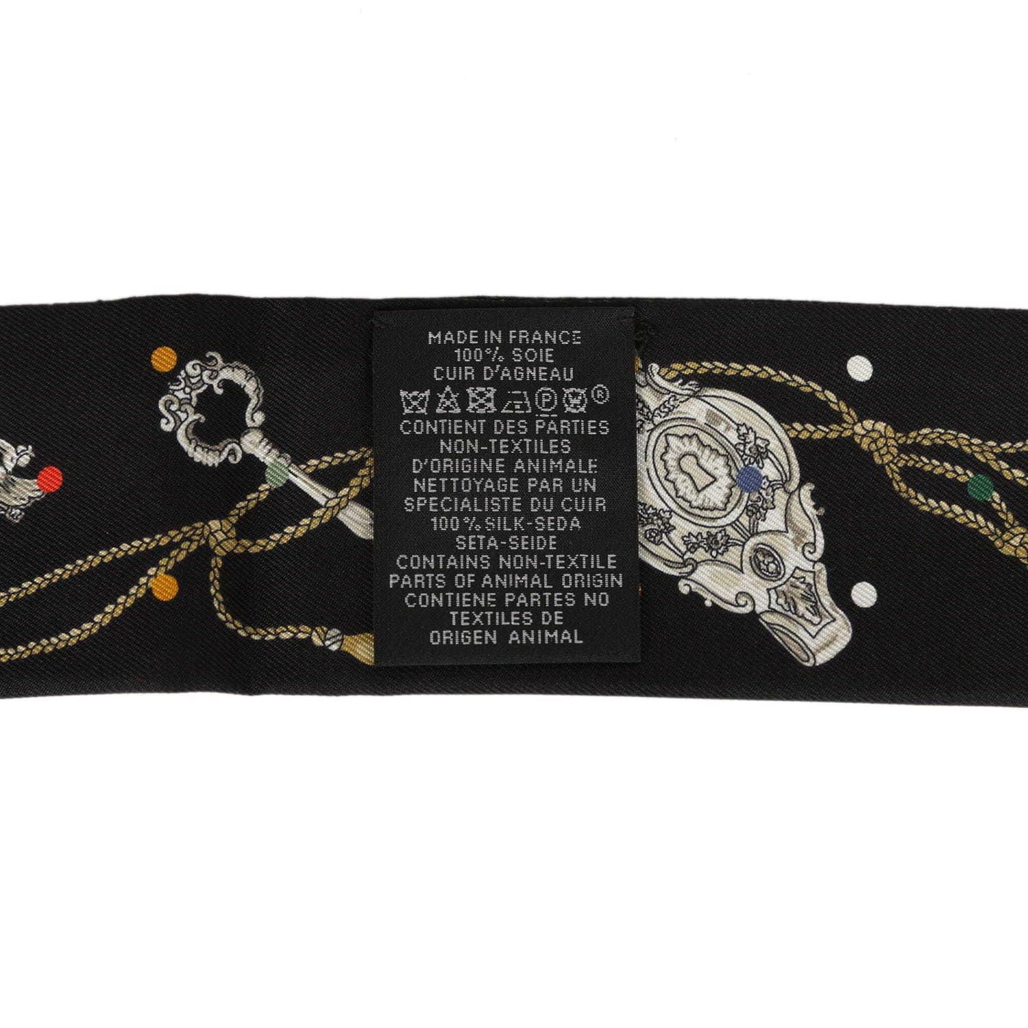 Hermes Les Cles a Pois Black, Multicolore, White Fringe Silk Twilly