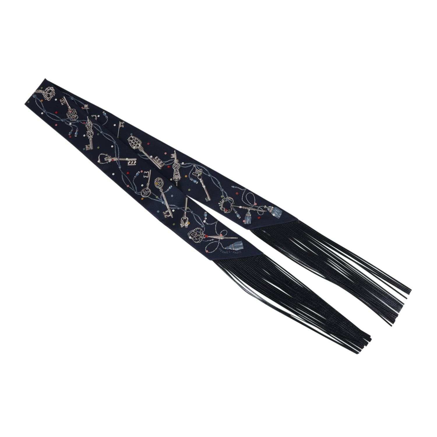Hermes Les Cles a Pois Bleu Marine, Gris Argent and Multicolore Fringe Silk Twilly