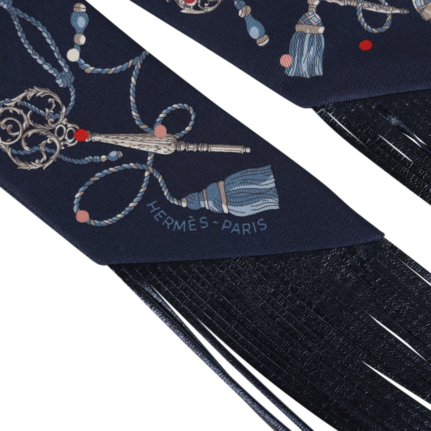 Hermes Les Cles a Pois Bleu Marine, Gris Argent and Multicolore Fringe Silk Twilly