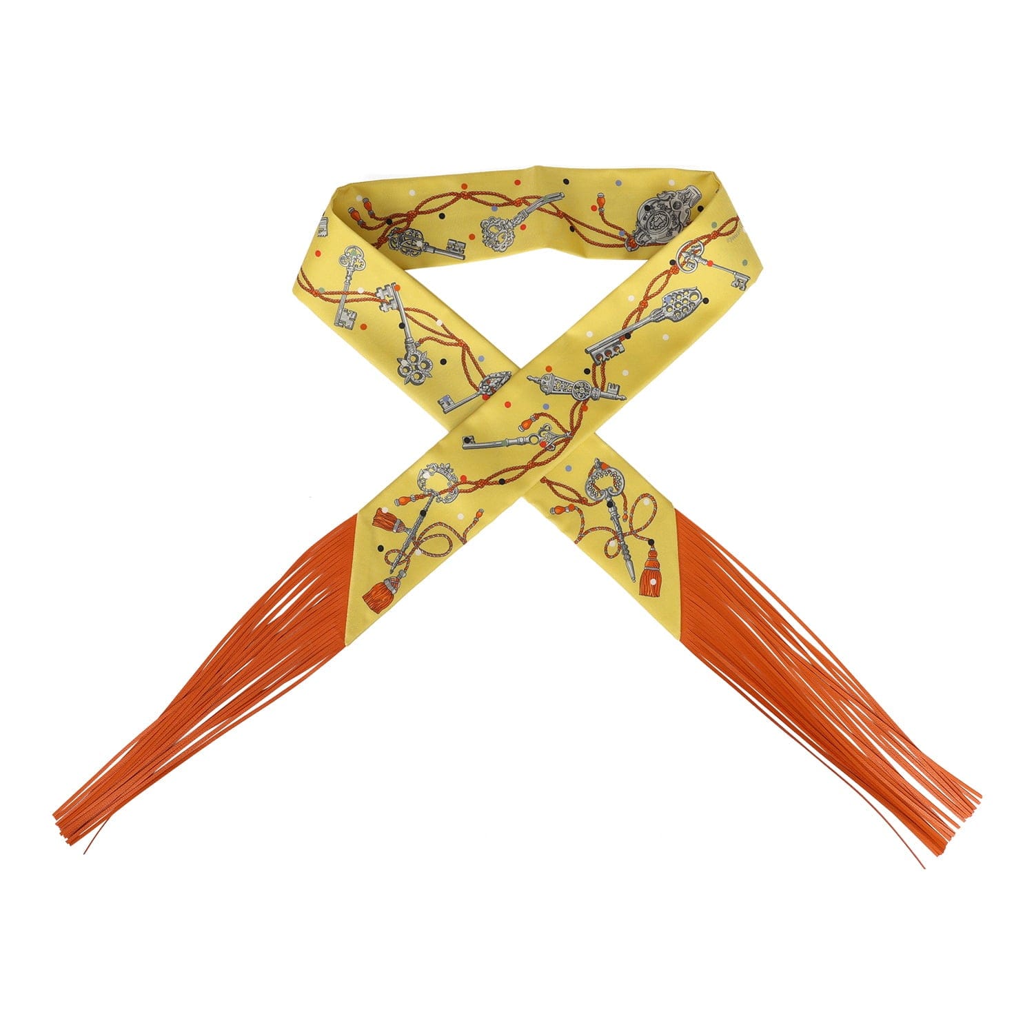 Hermes Les Cles a Pois Jaune, Argent and Orange Vif Fringe Silk Twilly