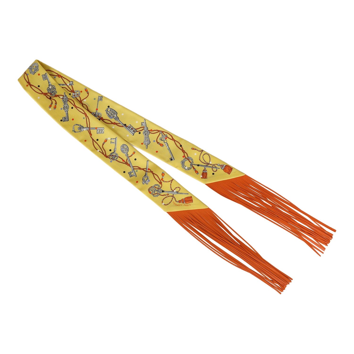 Hermes Les Cles a Pois Jaune, Argent and Orange Vif Fringe Silk Twilly