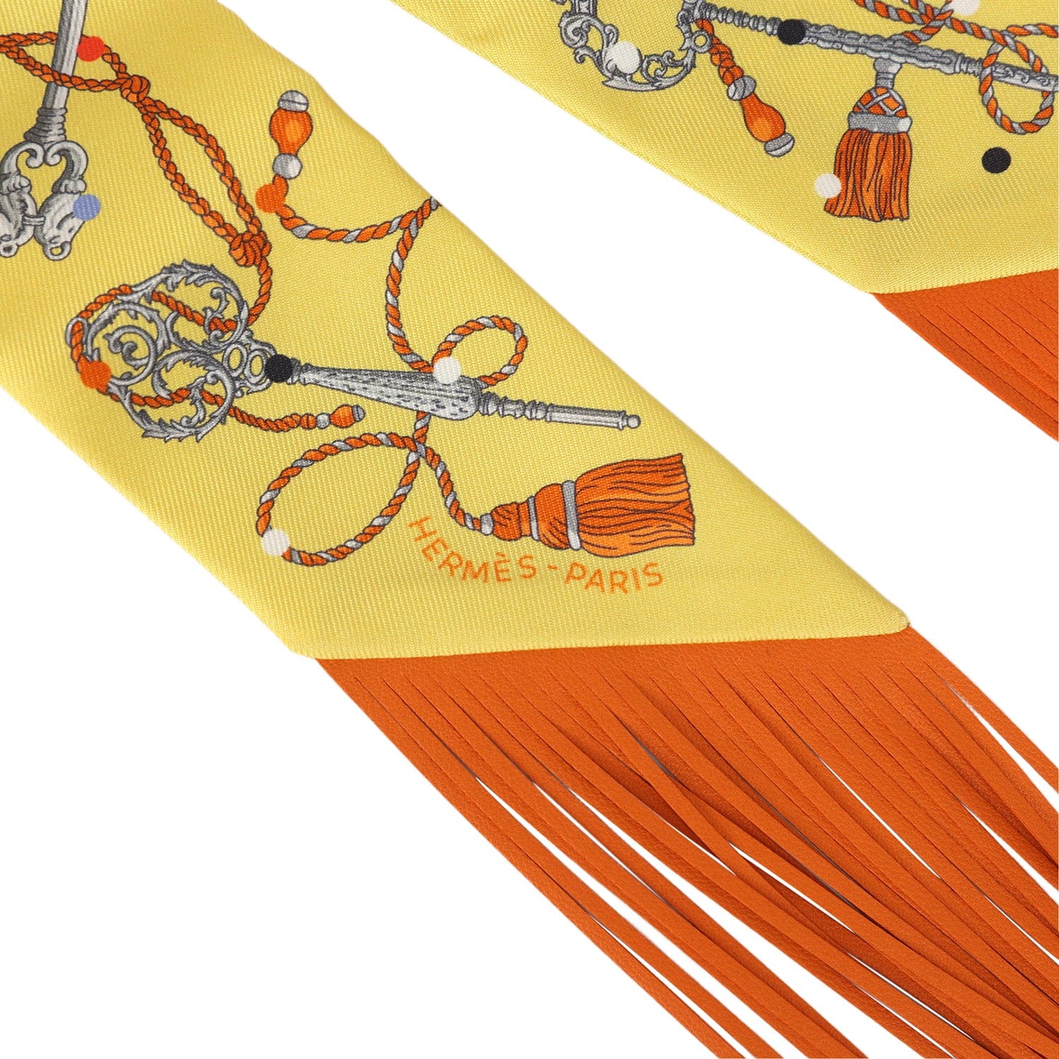 Hermes Les Cles a Pois Jaune, Argent and Orange Vif Fringe Silk Twilly