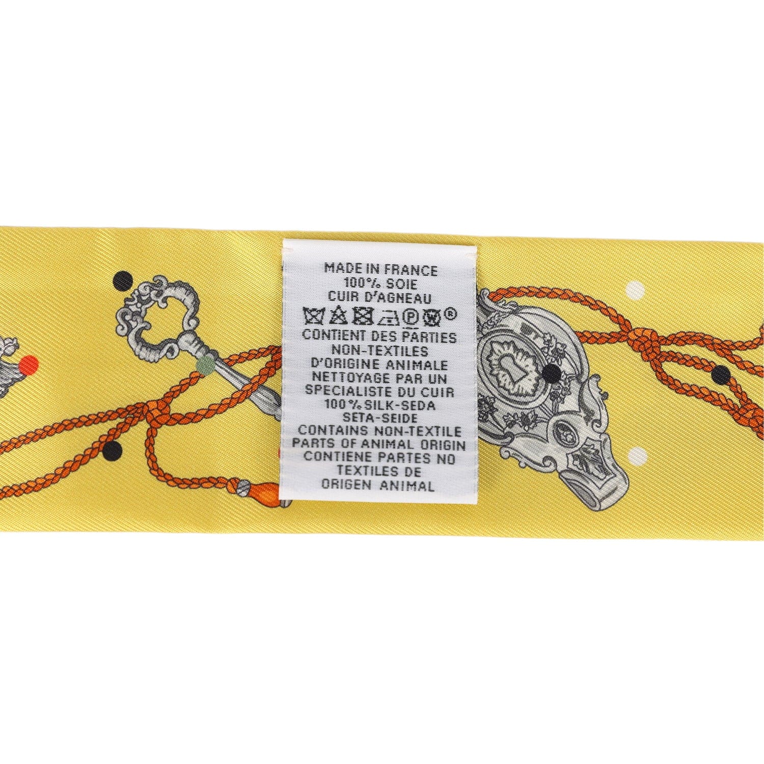Hermes Les Cles a Pois Jaune, Argent and Orange Vif Fringe Silk Twilly