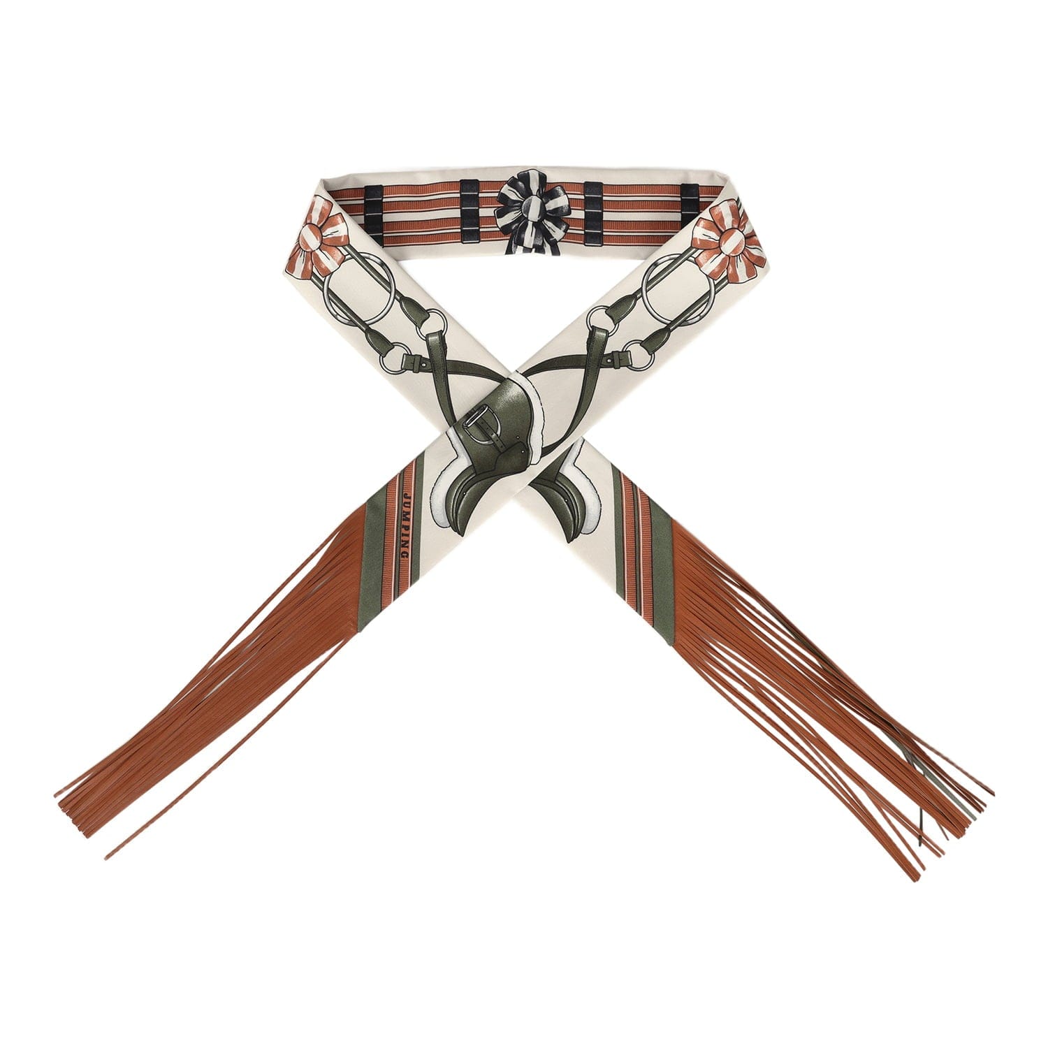 Hermes Jumping Leather Crème, Kaki and Beige Dore Fringe Silk Twilly