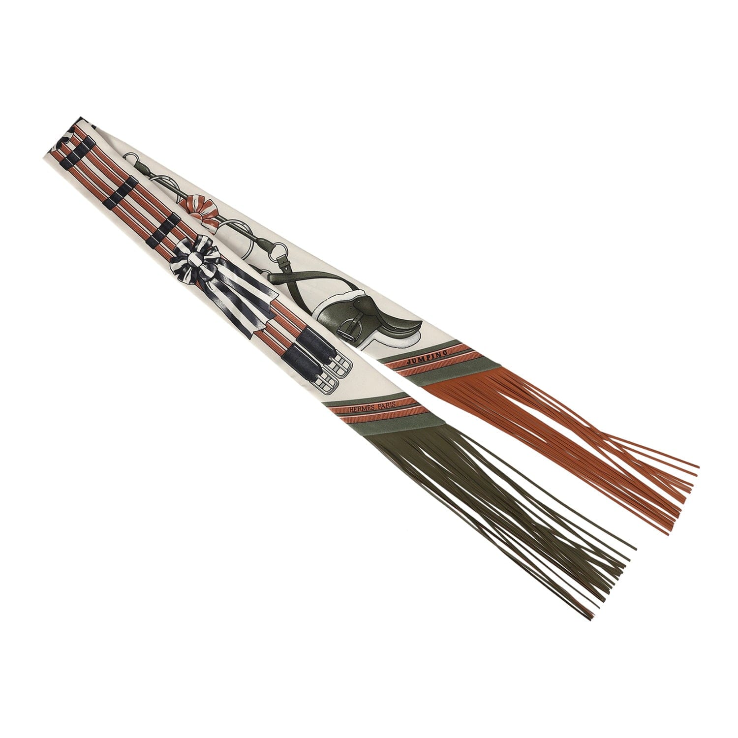 Hermes Jumping Leather Crème, Kaki and Beige Dore Fringe Silk Twilly