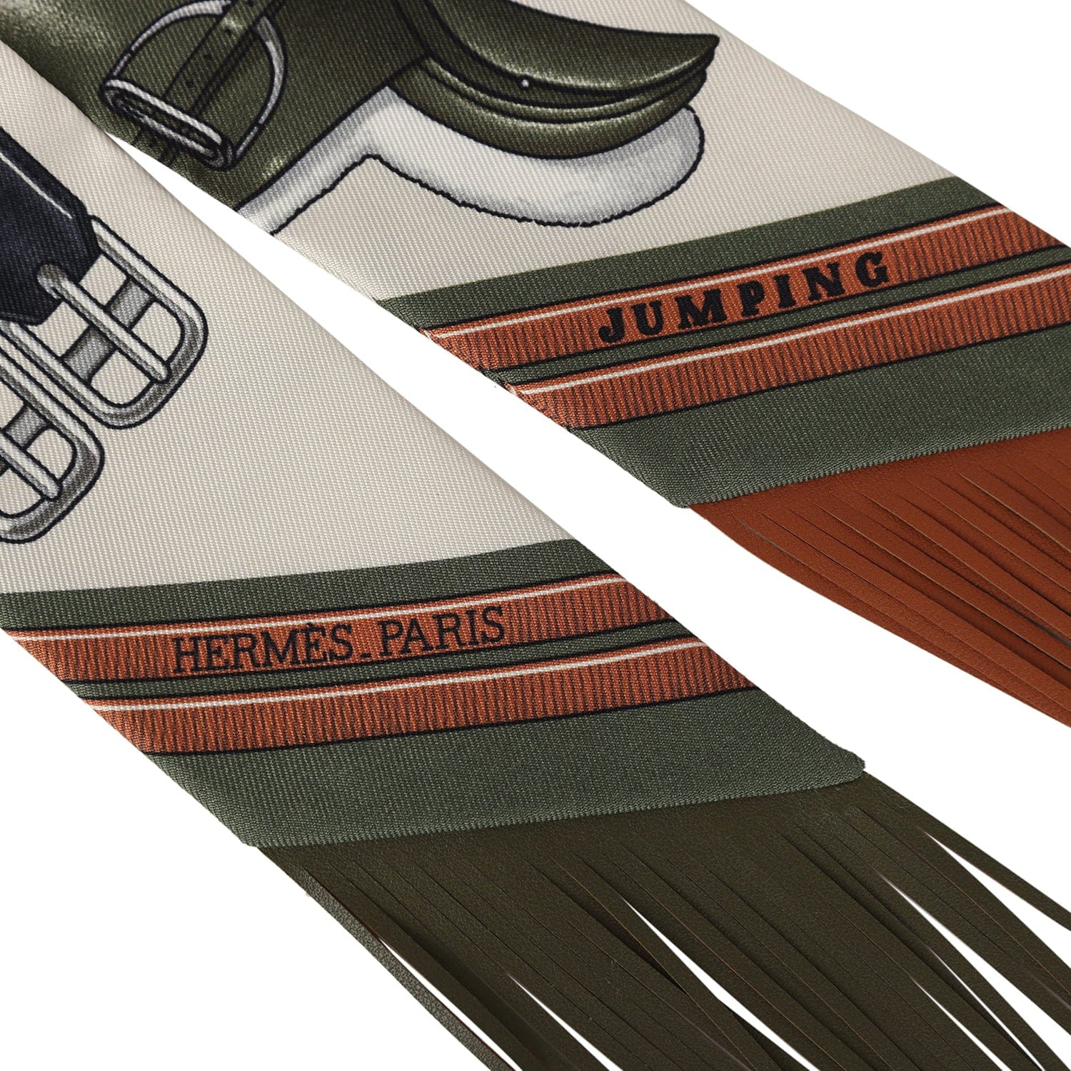 Hermes Jumping Leather Crème, Kaki and Beige Dore Fringe Silk Twilly