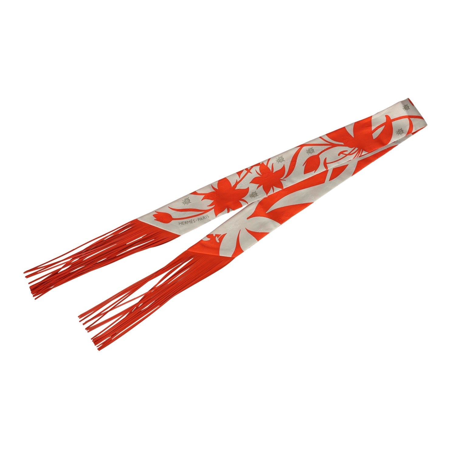 Hermes Bouquet Final Gris Perle and Vermillon Fringe Silk Twilly
