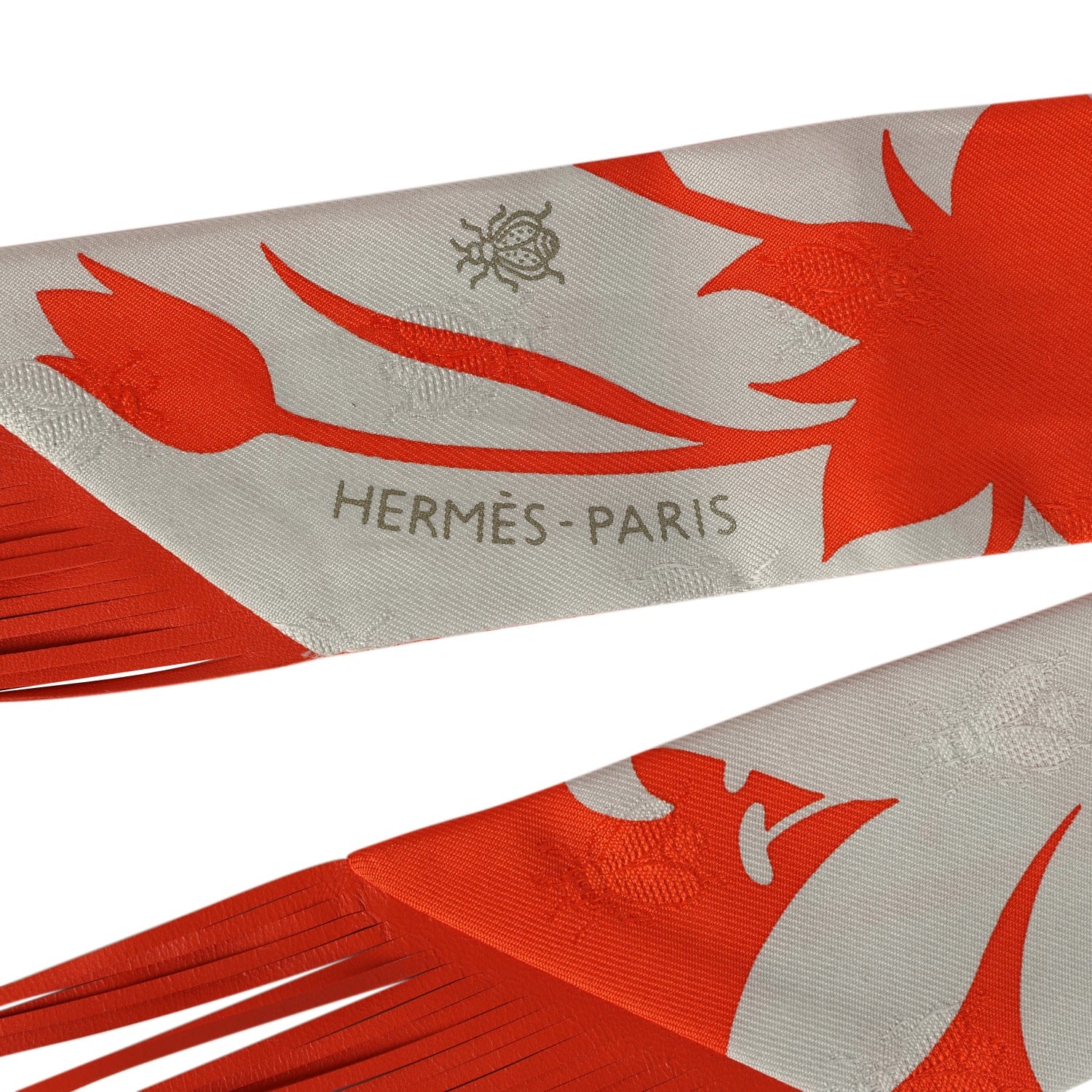 Hermes Bouquet Final Gris Perle and Vermillon Fringe Silk Twilly