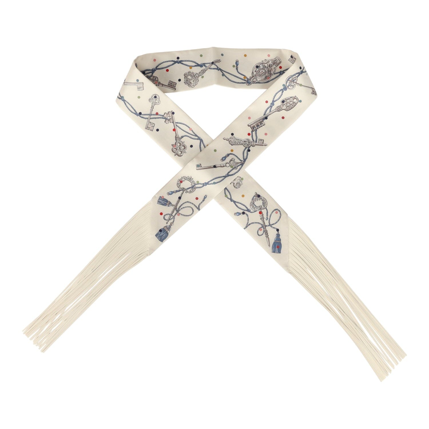 Hermes Les Cles a Pois Creme, Gris Perle, Multicolor Fringe Silk Twilly