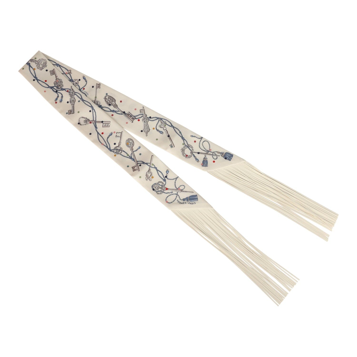 Hermes Les Cles a Pois Creme, Gris Perle, Multicolor Fringe Silk Twilly