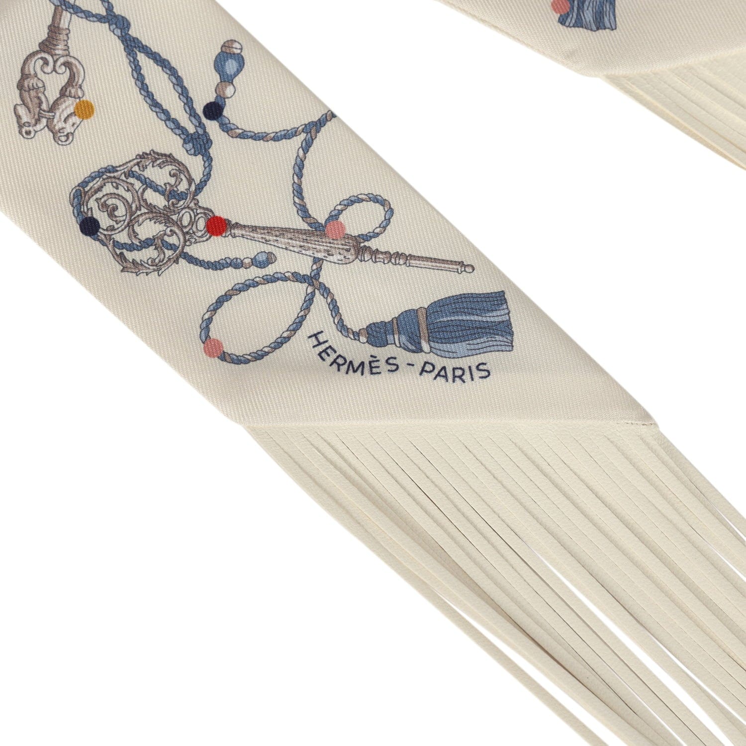 Hermes Les Cles a Pois Creme, Gris Perle, Multicolor Fringe Silk Twilly