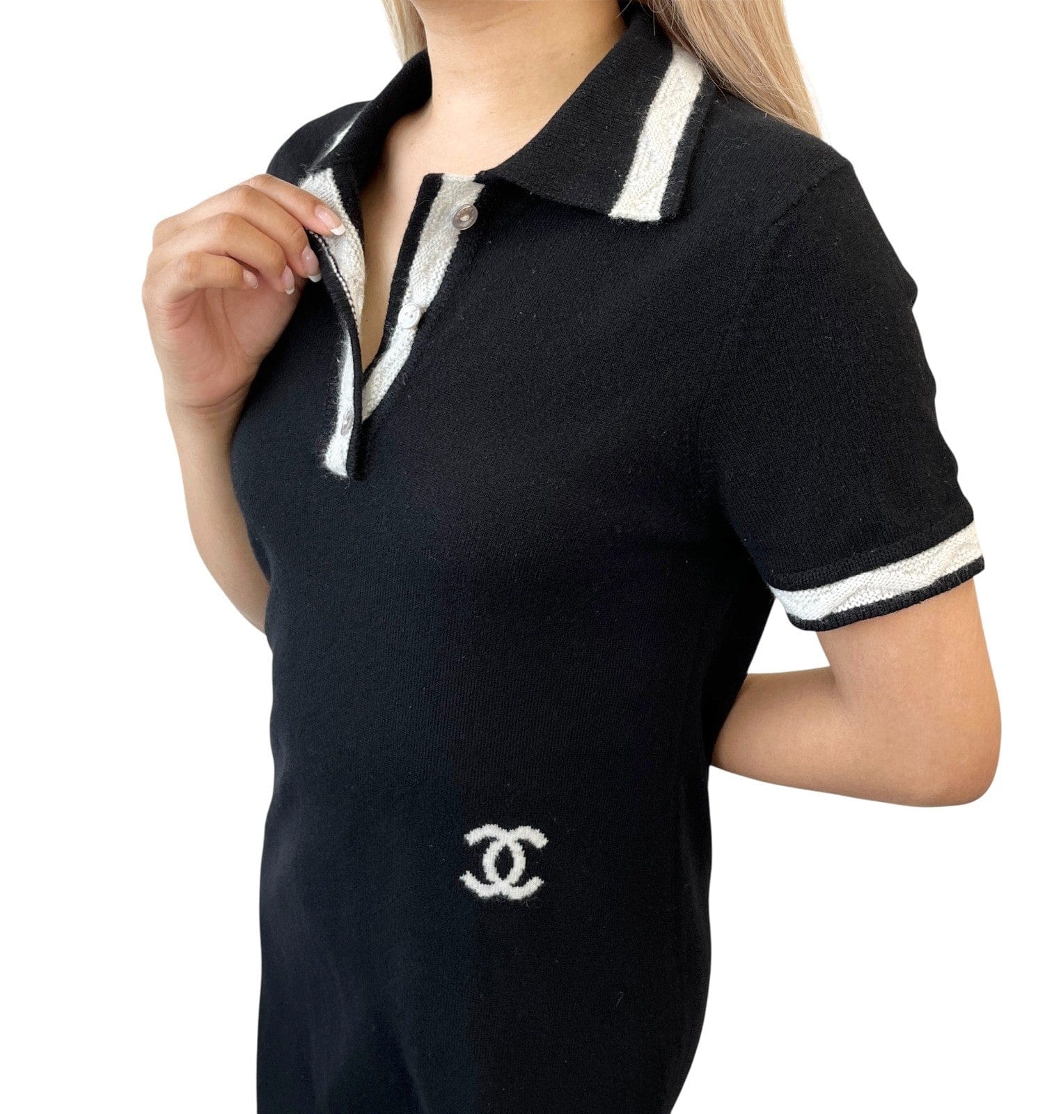 CHANEL Vintage 04A CC Logo Knit Dress One - piece #34 Black Gray Cashmere Button