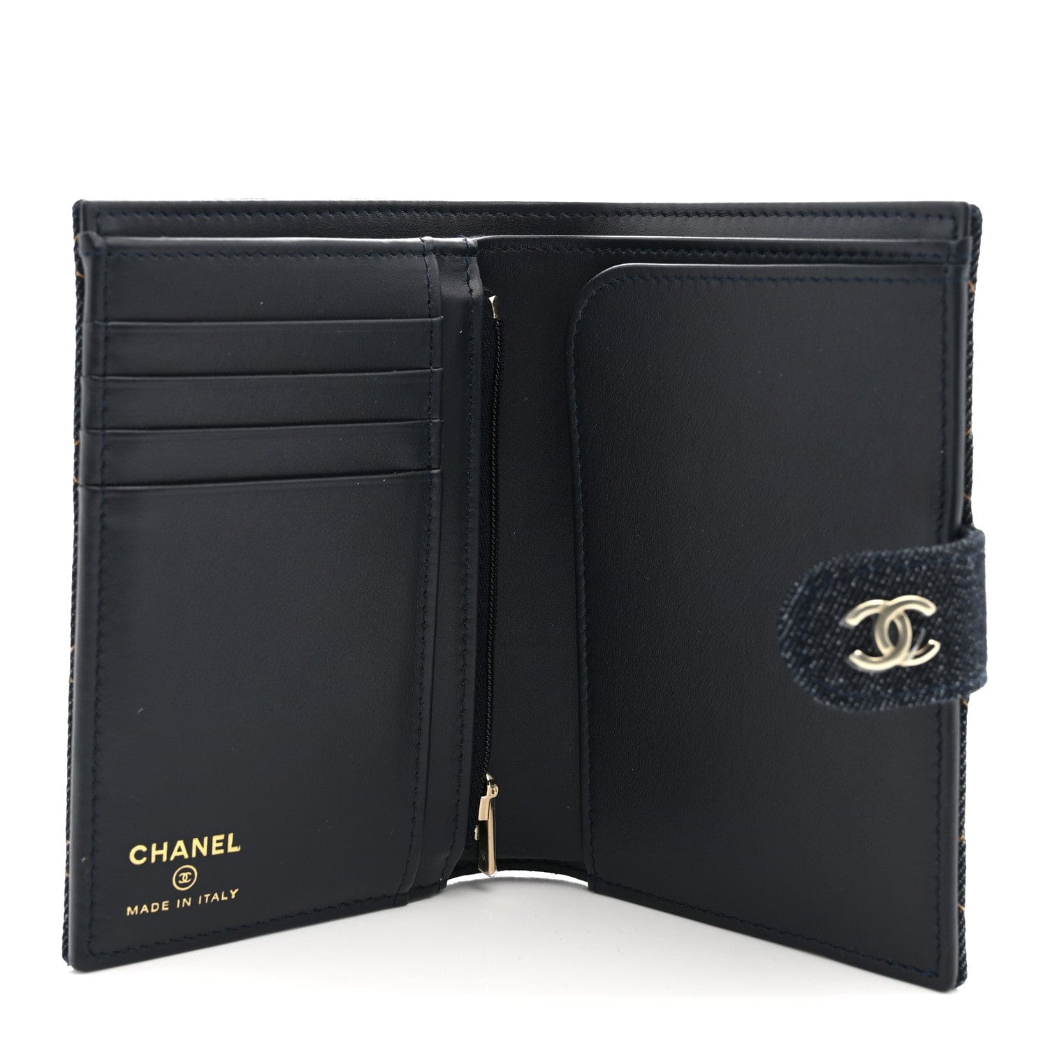Chanel Denim Quilted Passport Holder Dark Blue Orange