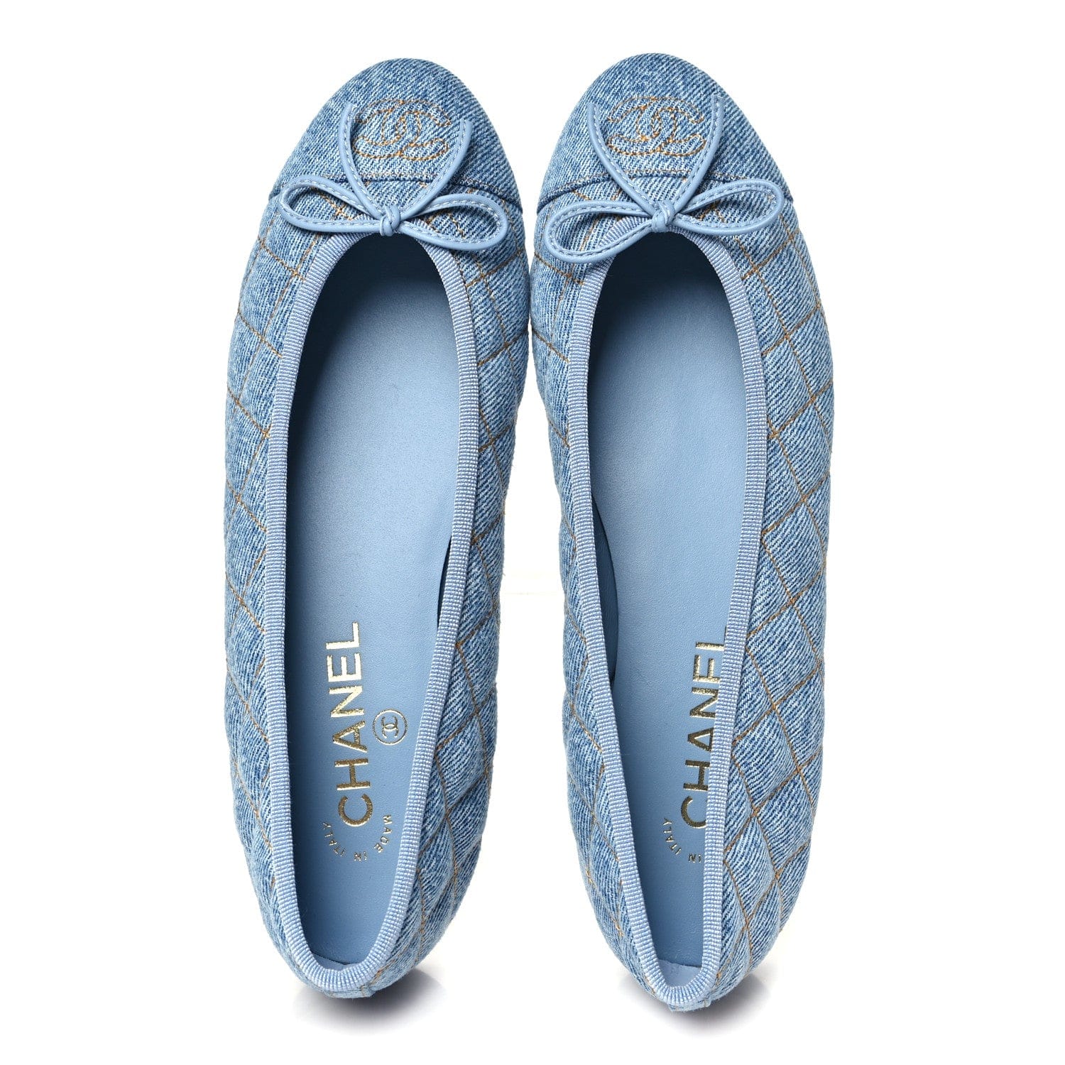 Chanel Washed Denim Quilted Cap Toe CC Ballerina Flats 38.5 Light Blue
