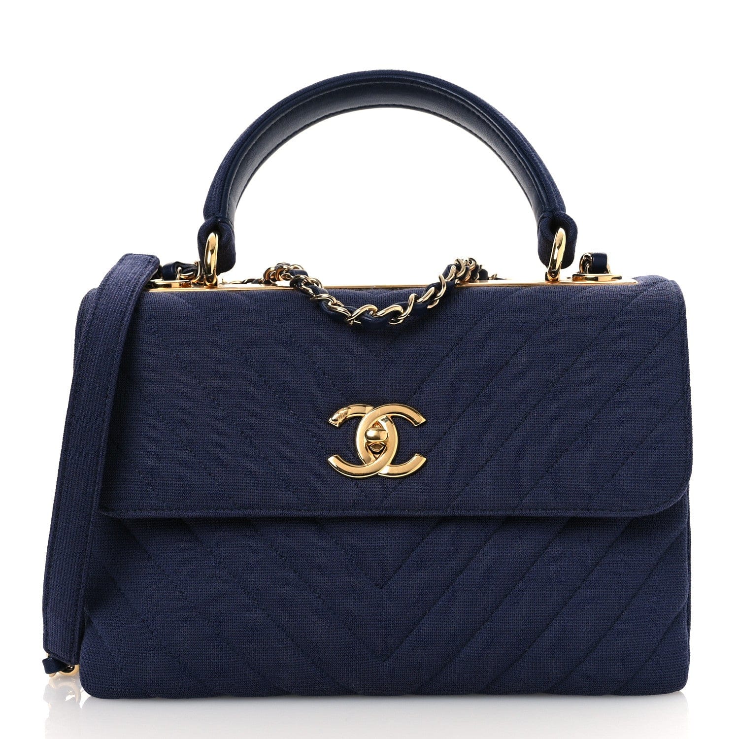 Chanel Jersey Chevron Quilted Small Trendy CC Dual Handle Flap Bag Navy Blue