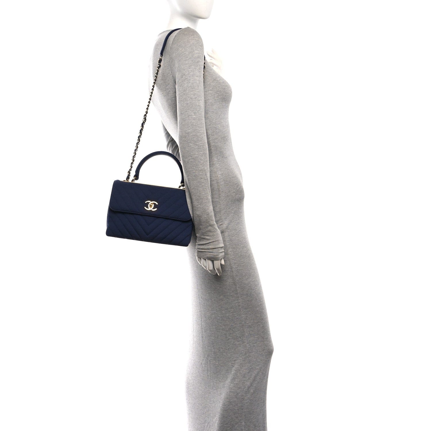 Chanel Jersey Chevron Quilted Small Trendy CC Dual Handle Flap Bag Navy Blue