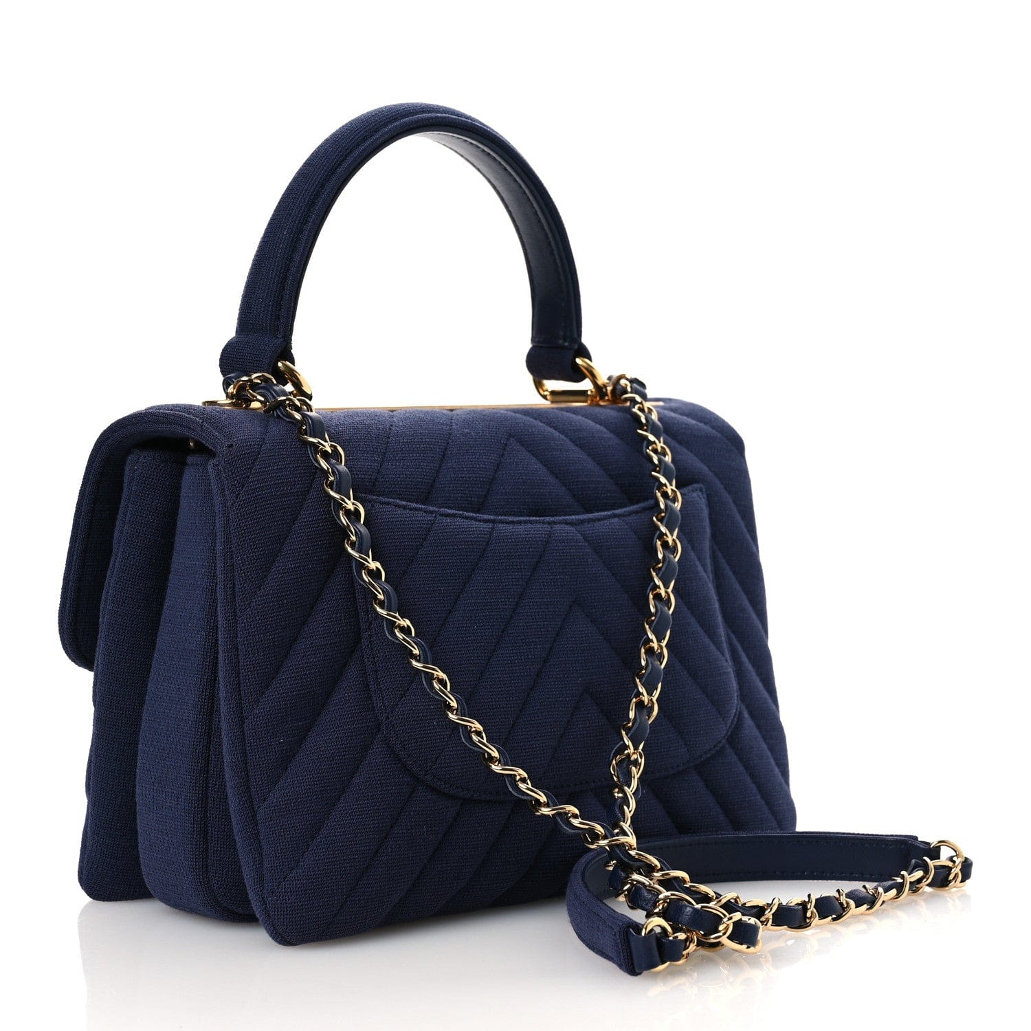 Chanel Jersey Chevron Quilted Small Trendy CC Dual Handle Flap Bag Navy Blue