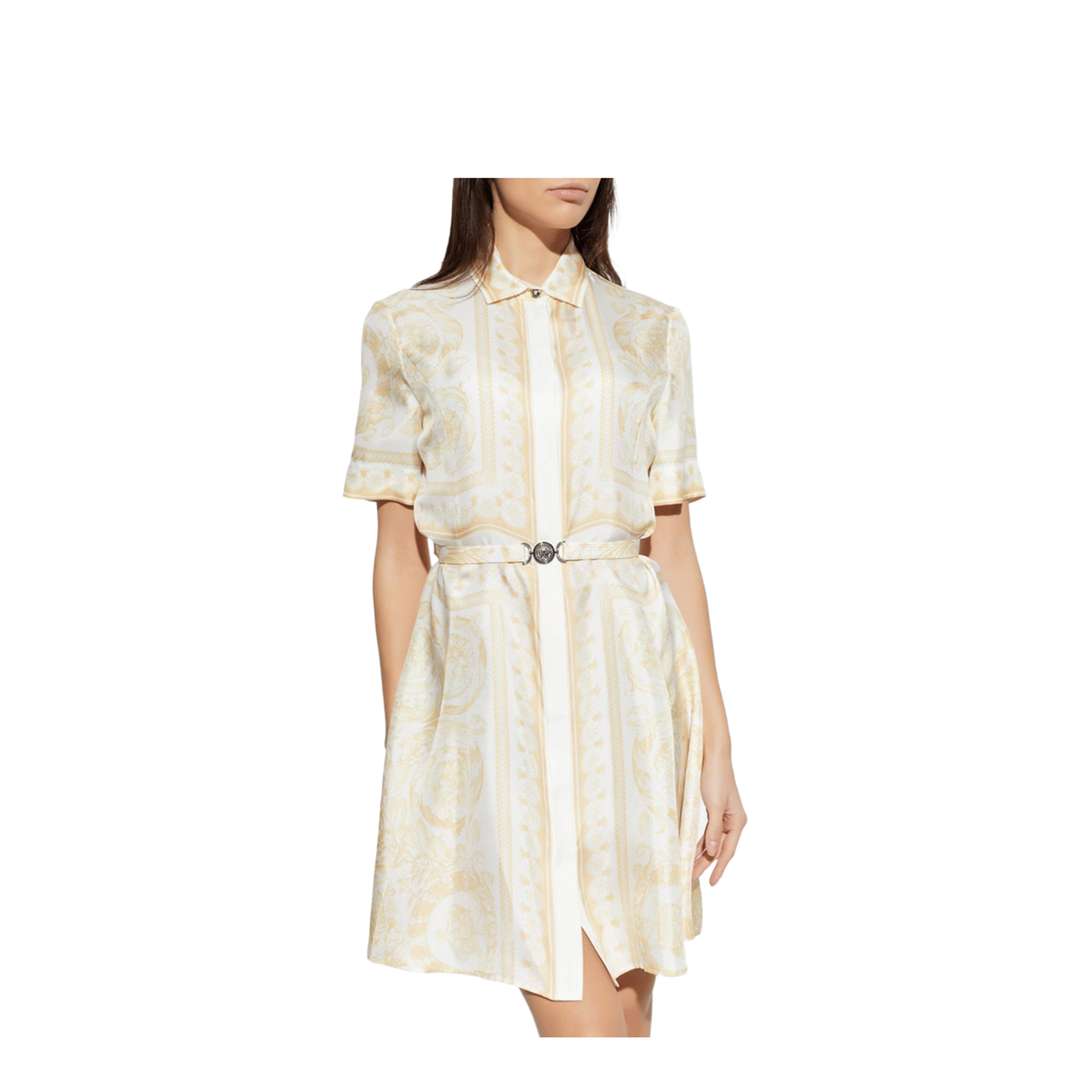 Versace Belted Silk Dress Gold