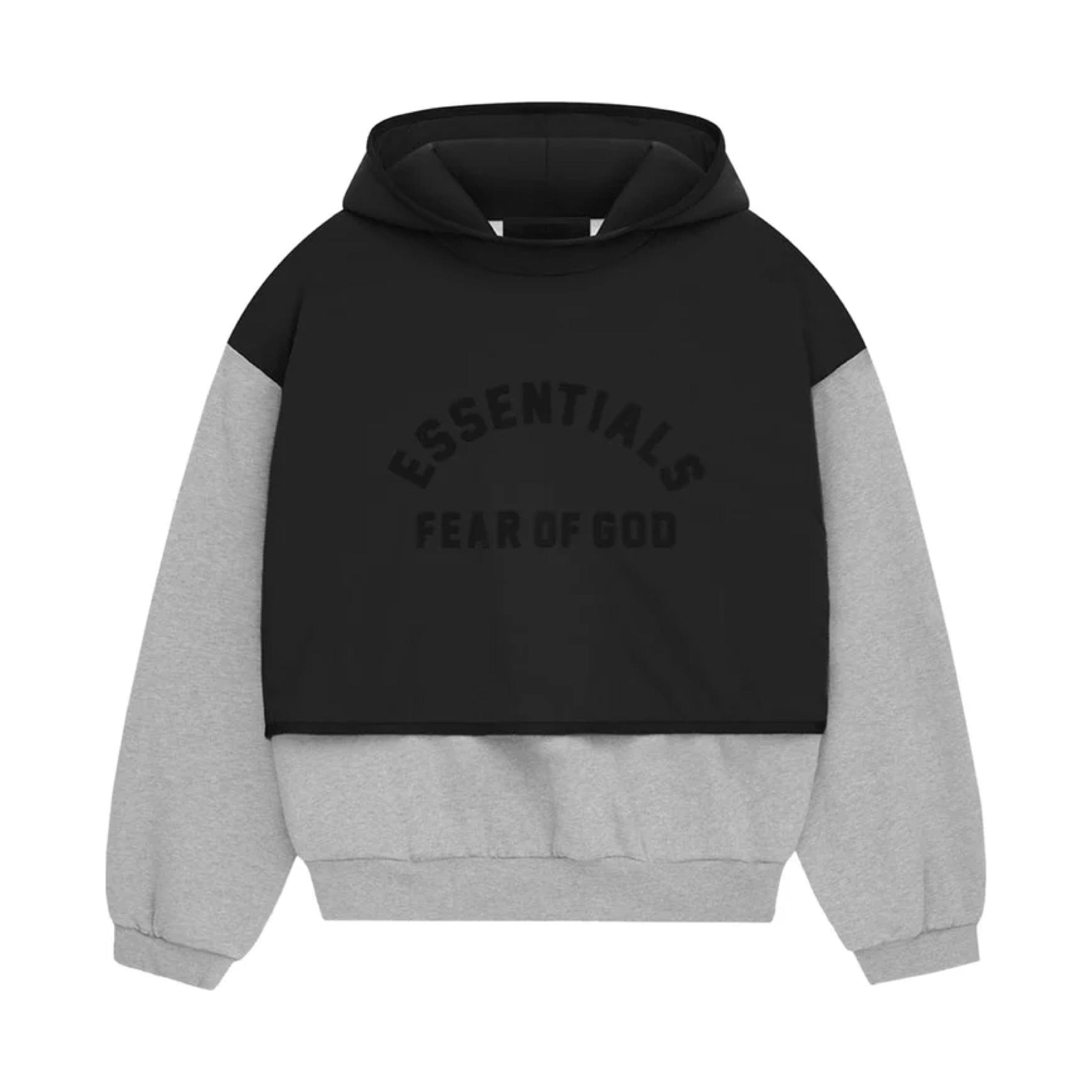 Fear of God ESSENTIALS Layered Nylon Fleece Hoodie - Jet Black/Light Heather Grey (SS24)