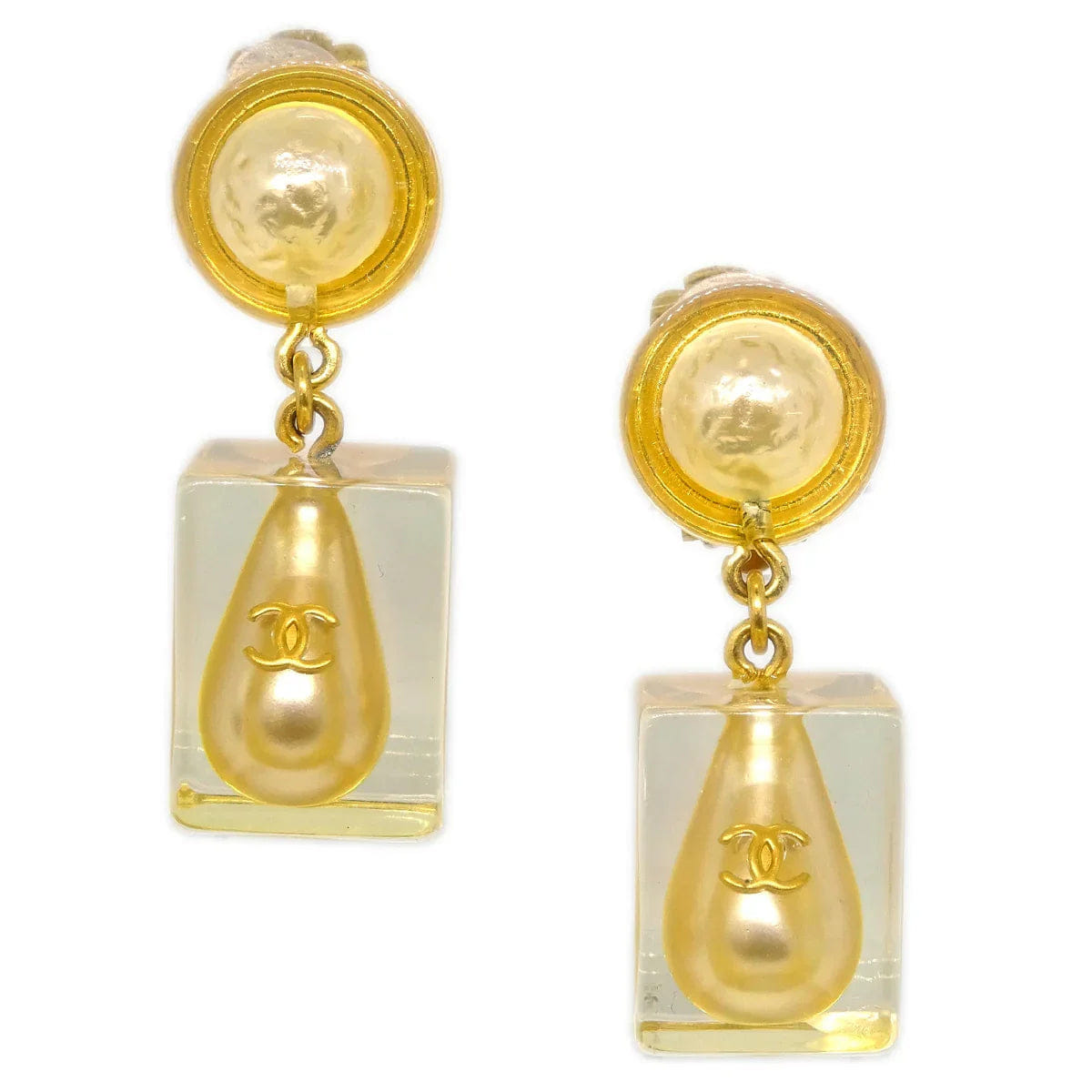 Chanel * 1997 Faux Teardrop Pearl Dangle Earrings Clip - On Gold