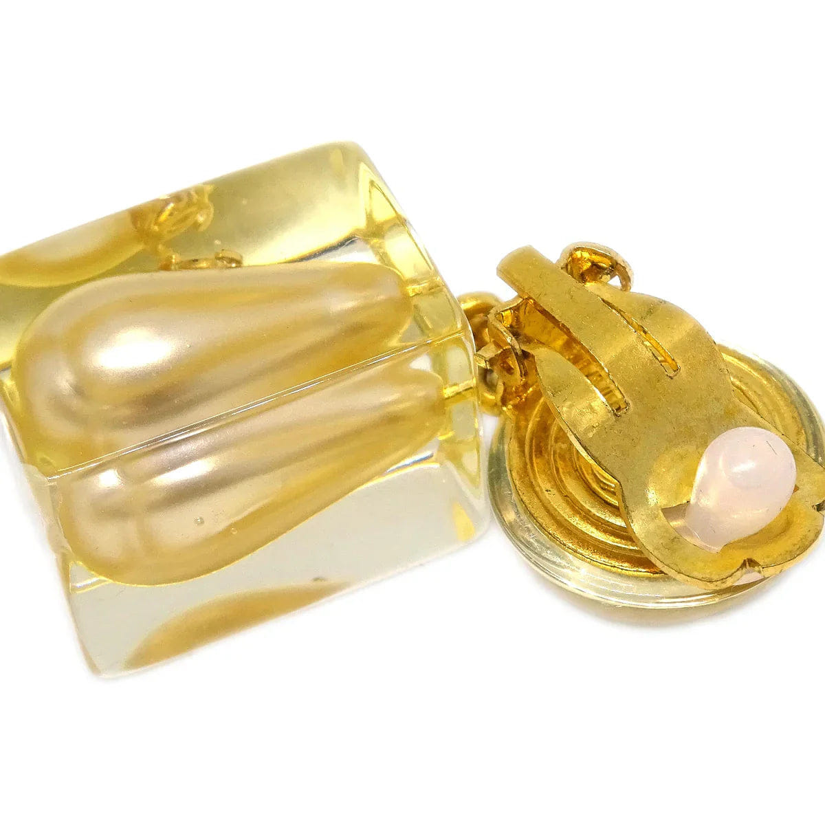 Chanel * 1997 Faux Teardrop Pearl Dangle Earrings Clip - On Gold