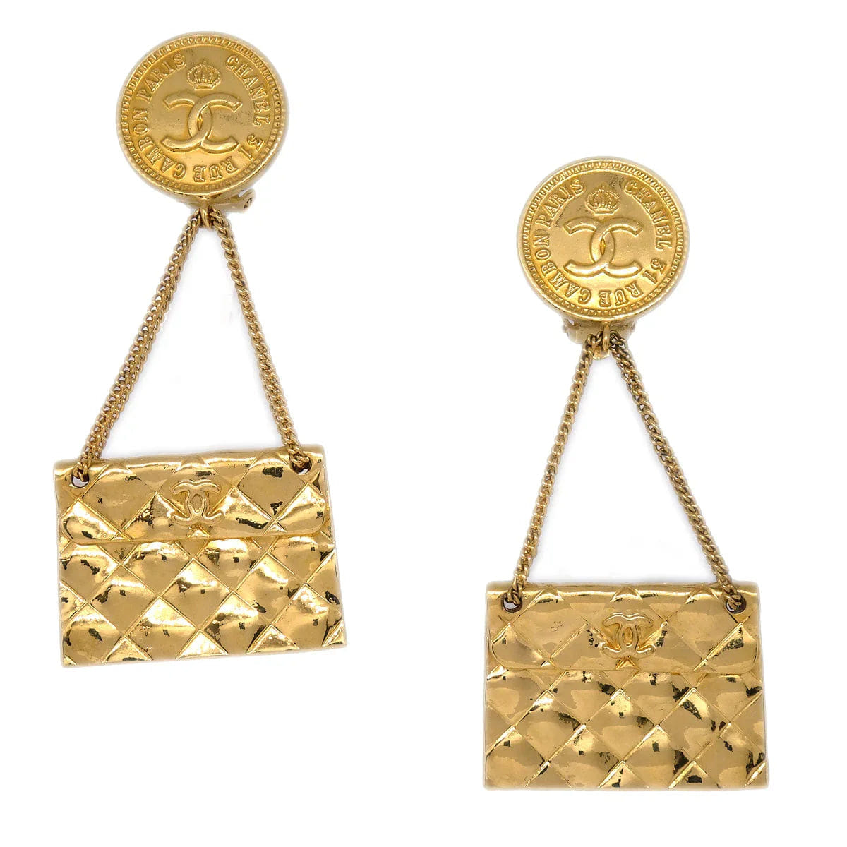 Chanel 1988 Bag Dangle Earrings Clip - On Gold 23
