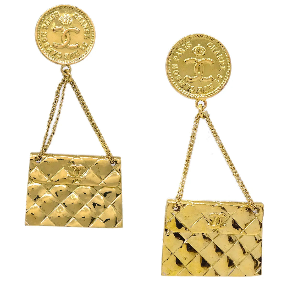 Chanel 1994 Bag Dangle Earrings Clip - On Gold