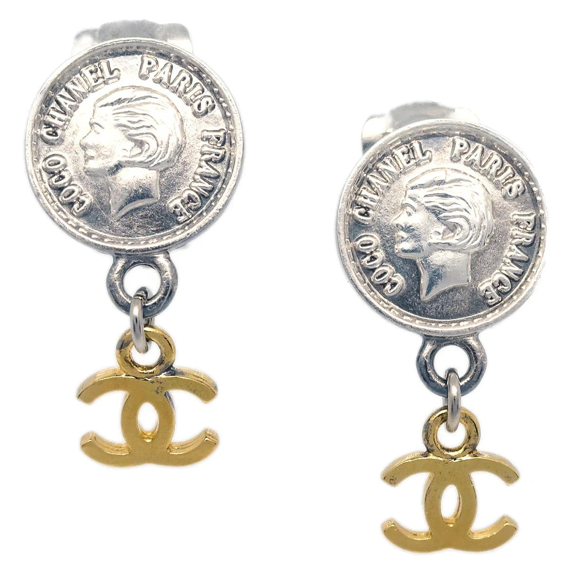 Chanel Dangle Earrings Gold Silver Clip - On 96P