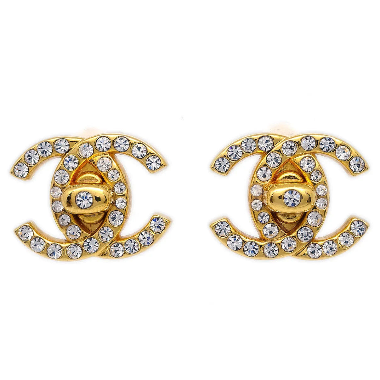Chanel Rhinestone Turnlock Earrings Gold Small 96A