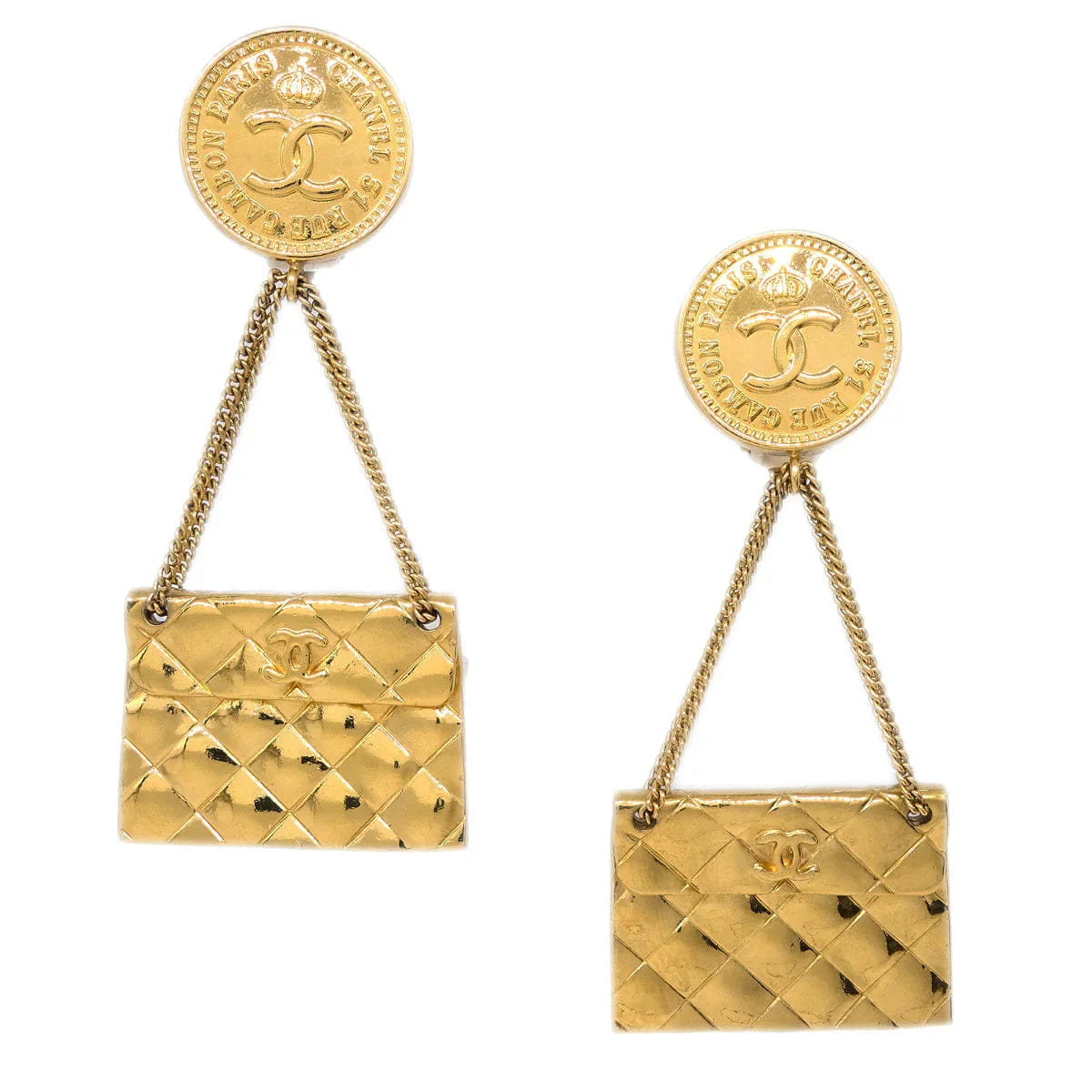 Chanel Gold Bag Dangle Earrings Clip - On