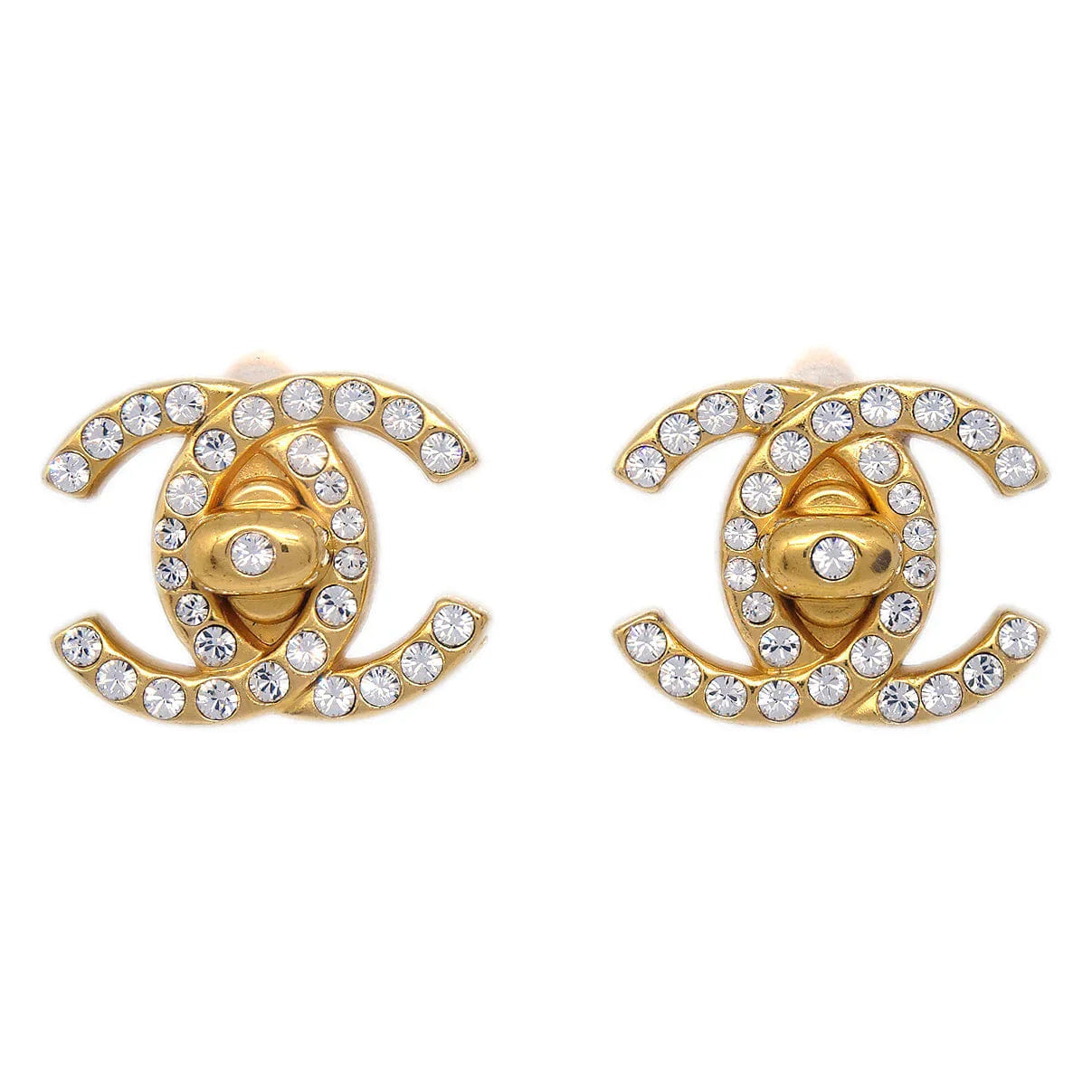 Chanel CC Turnlock Rhinestone Earrings Clip - On Gold Small 96A