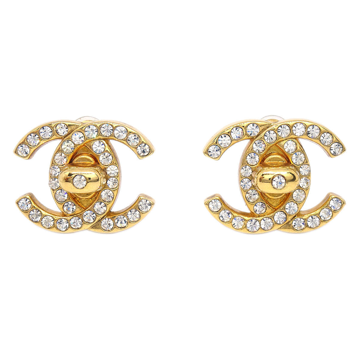 Chanel CC Turnlock Clip - On Earrings Gold Rhinestone Large 96A