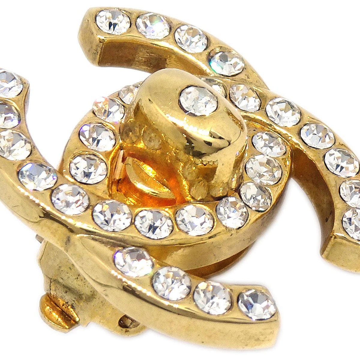 Chanel CC Turnlock Clip - On Earrings Gold Rhinestone Large 96A