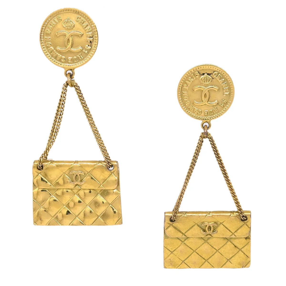 Chanel Gold Bag Dangle Earrings Clip - On 94P