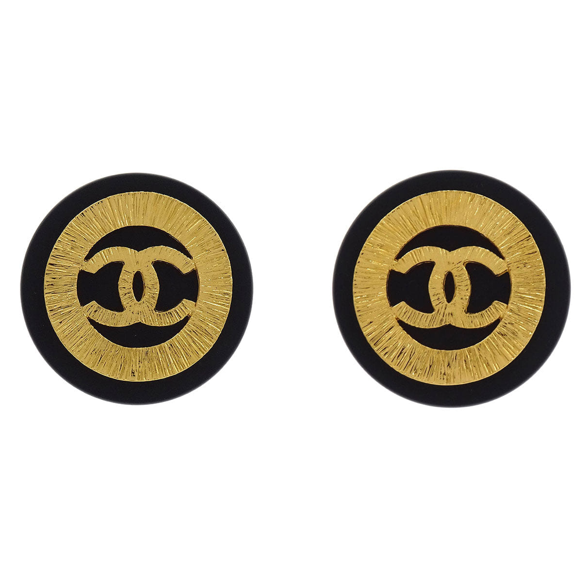 Chanel Button Earrings Clip - On Gold Black