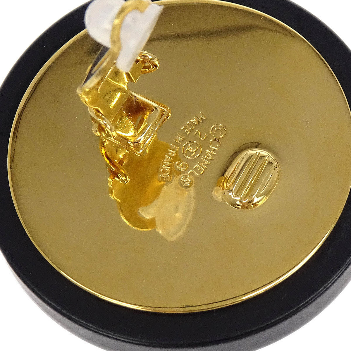 Chanel Button Earrings Clip - On Gold Black